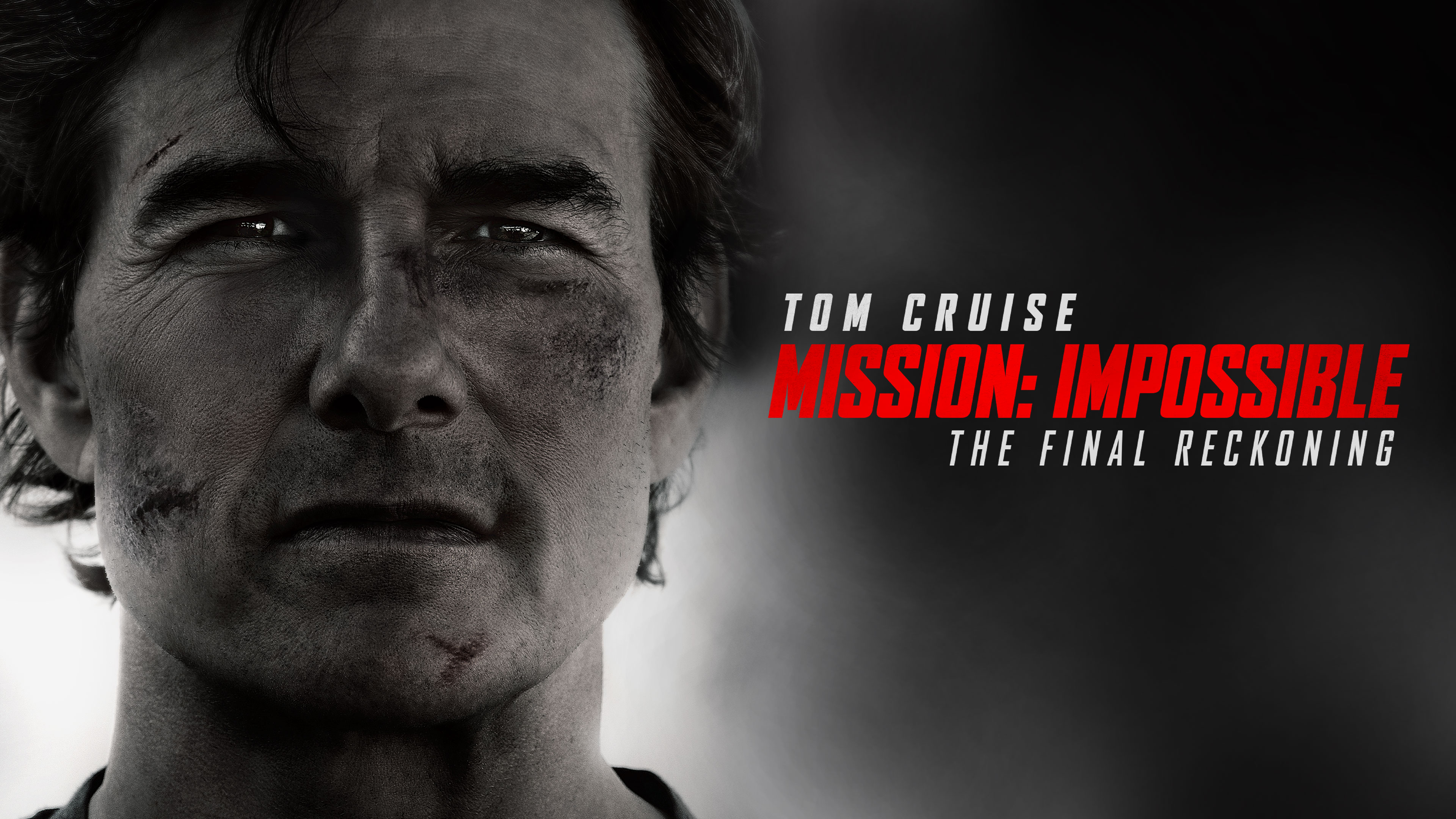 Black and white cinematic portrait of Ethan Hunt (Tom Cruise) from Mission: Impossible - The Final Reckoning.