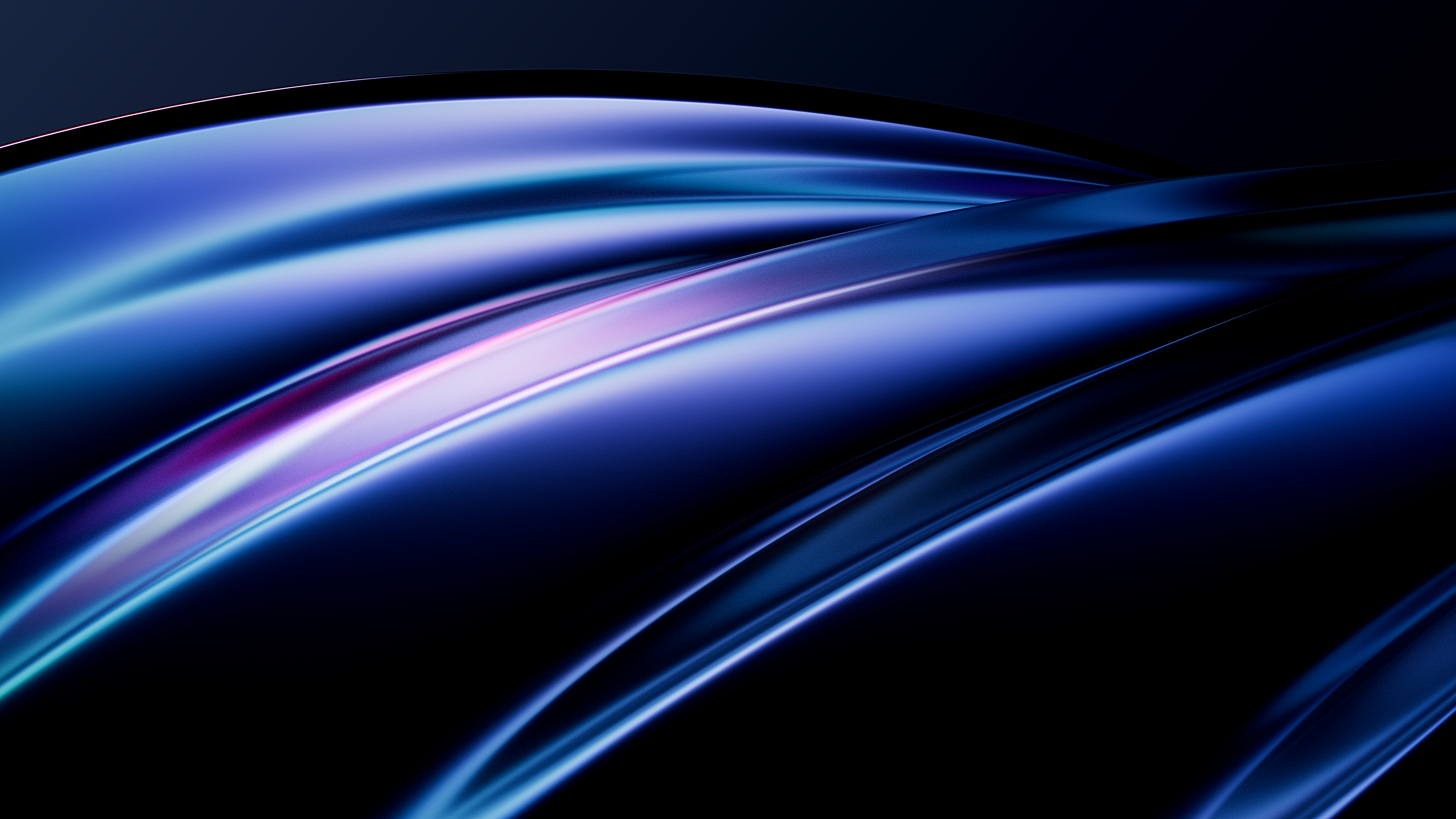 Abstract blue glowing fluid curves on a dark glossy background.