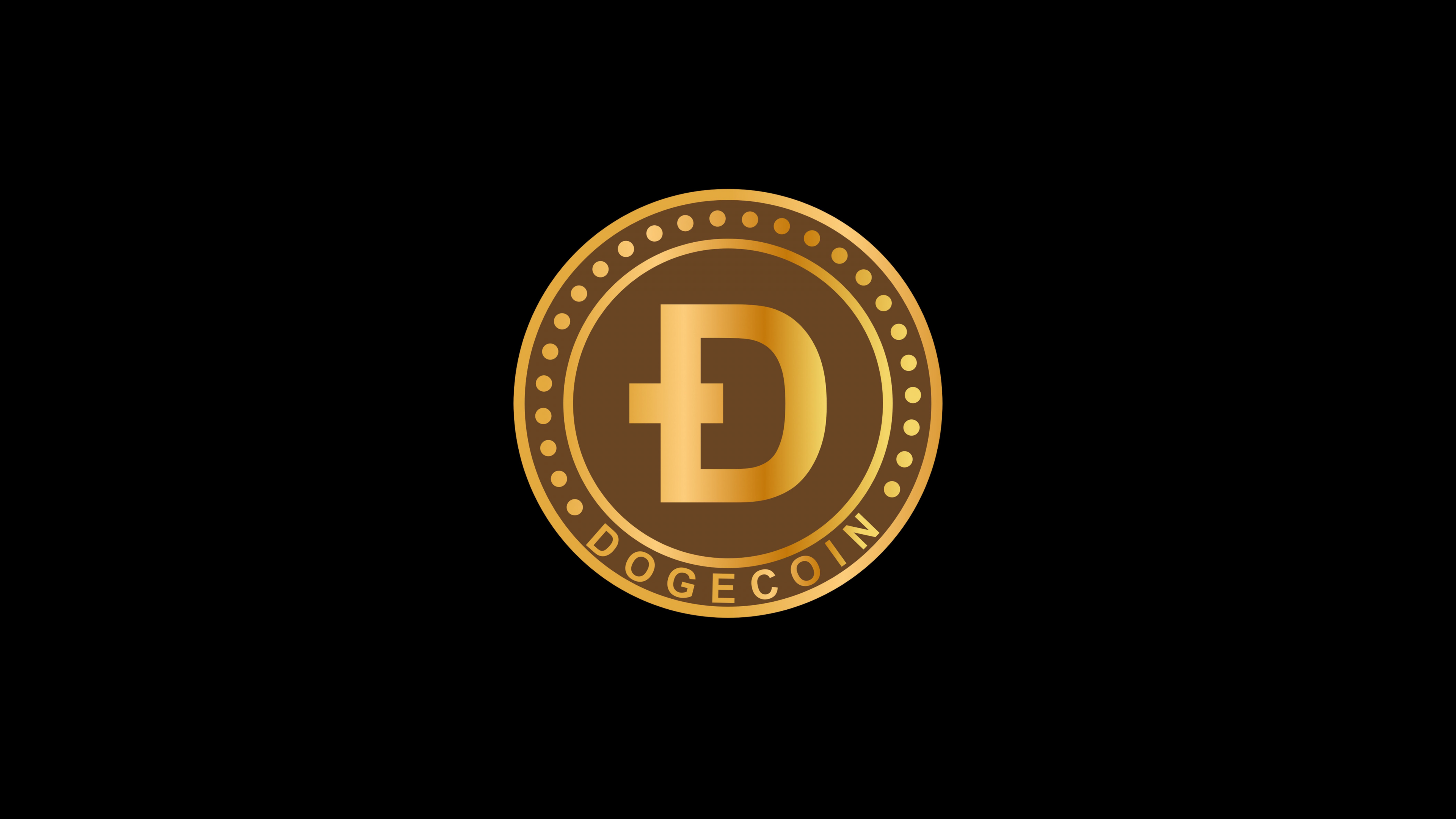 A shimmering golden Dogecoin coin featuring the Shiba Inu mascot on a plain black background.