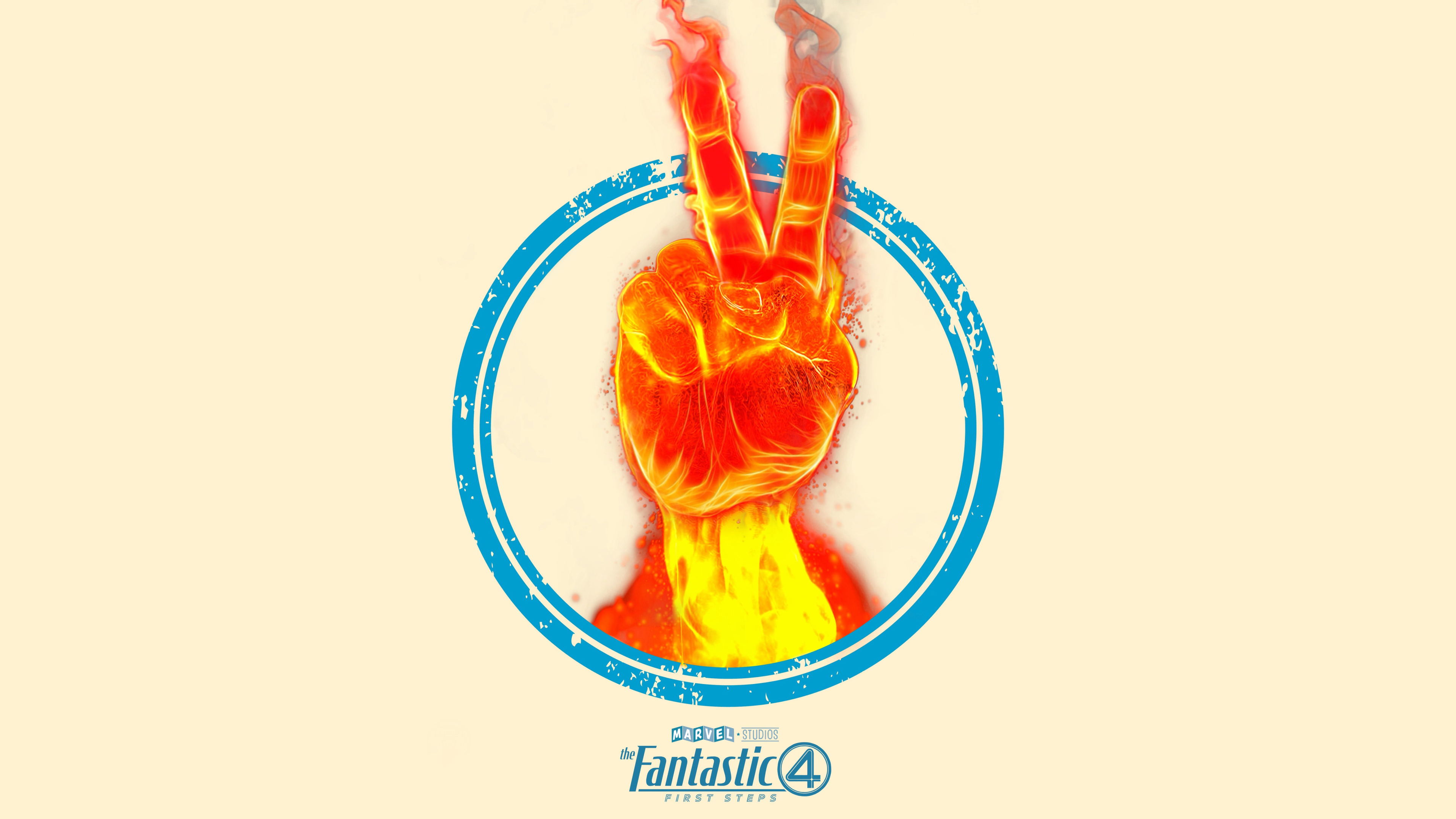 A cinematic close-up of the Human Torch from The Fantastic Four: First Steps, surrounded by swirling orange and yellow flames.