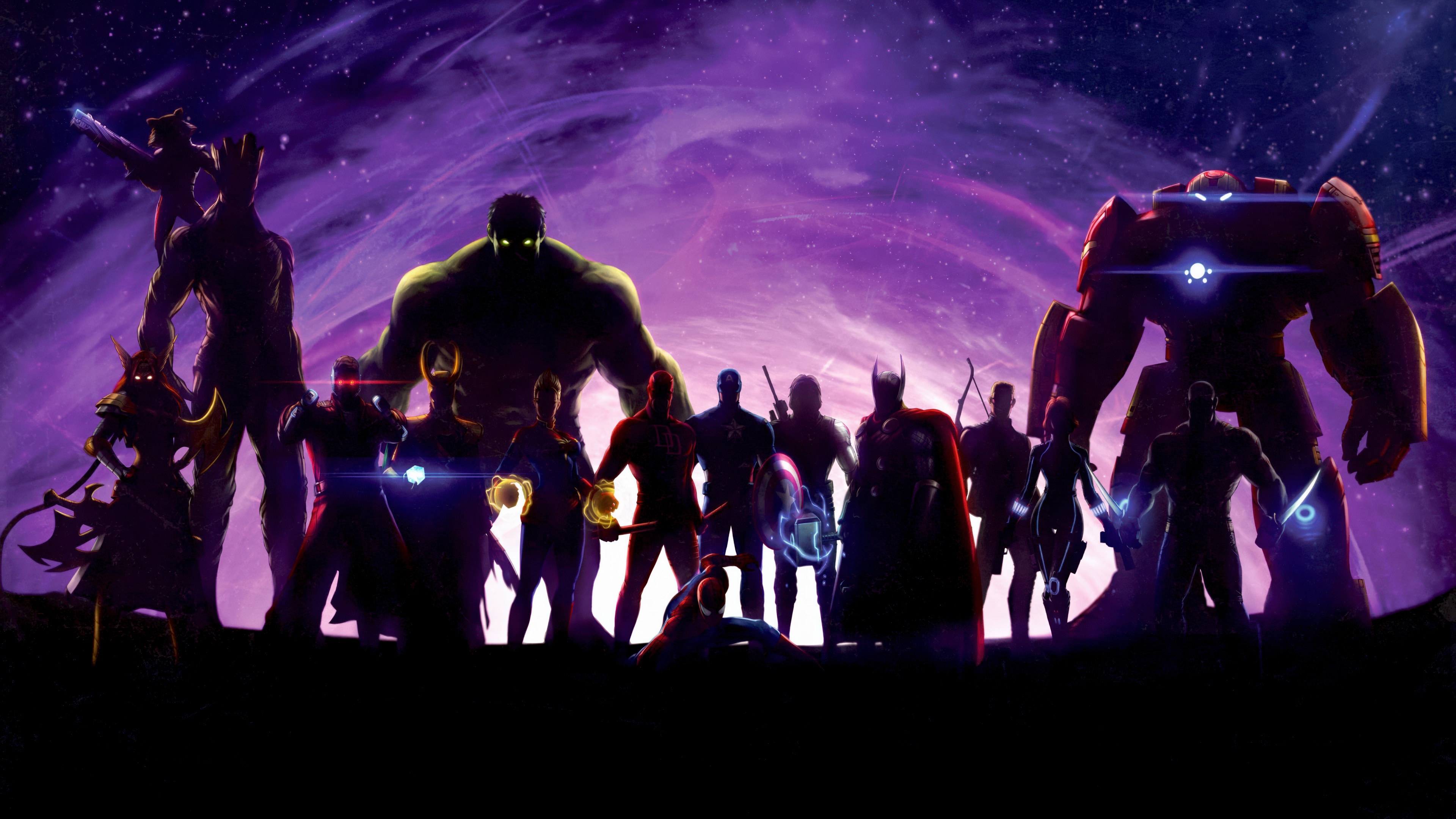 A collection of various Marvel Superheroes presented in high-contrast silhouette style.