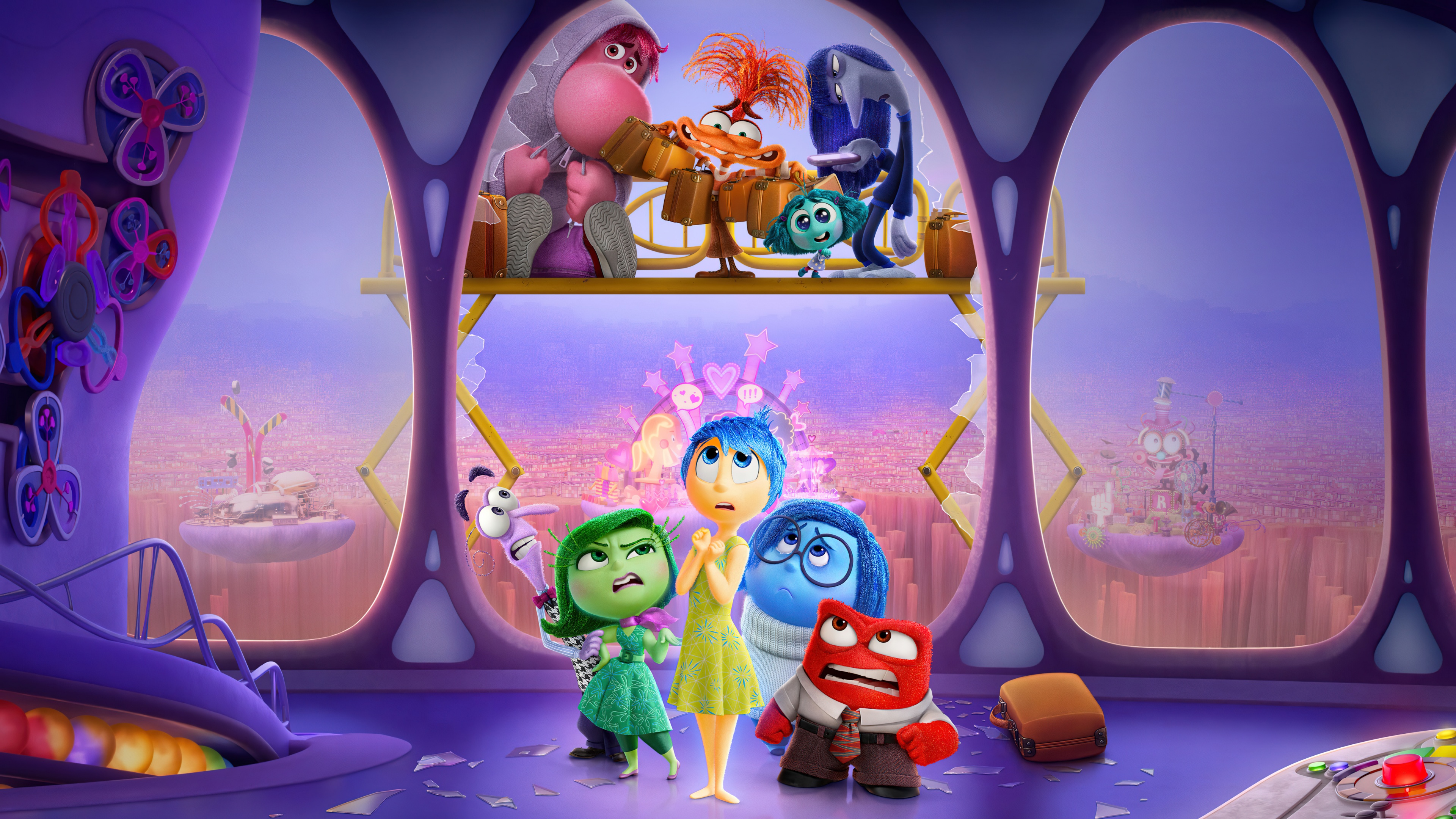 A collection of personified characters from Pixar's Inside Out 2, including Joy, Sadness, Anger, Fear, Disgust, Anxiety, Embarrassment, and Envy.