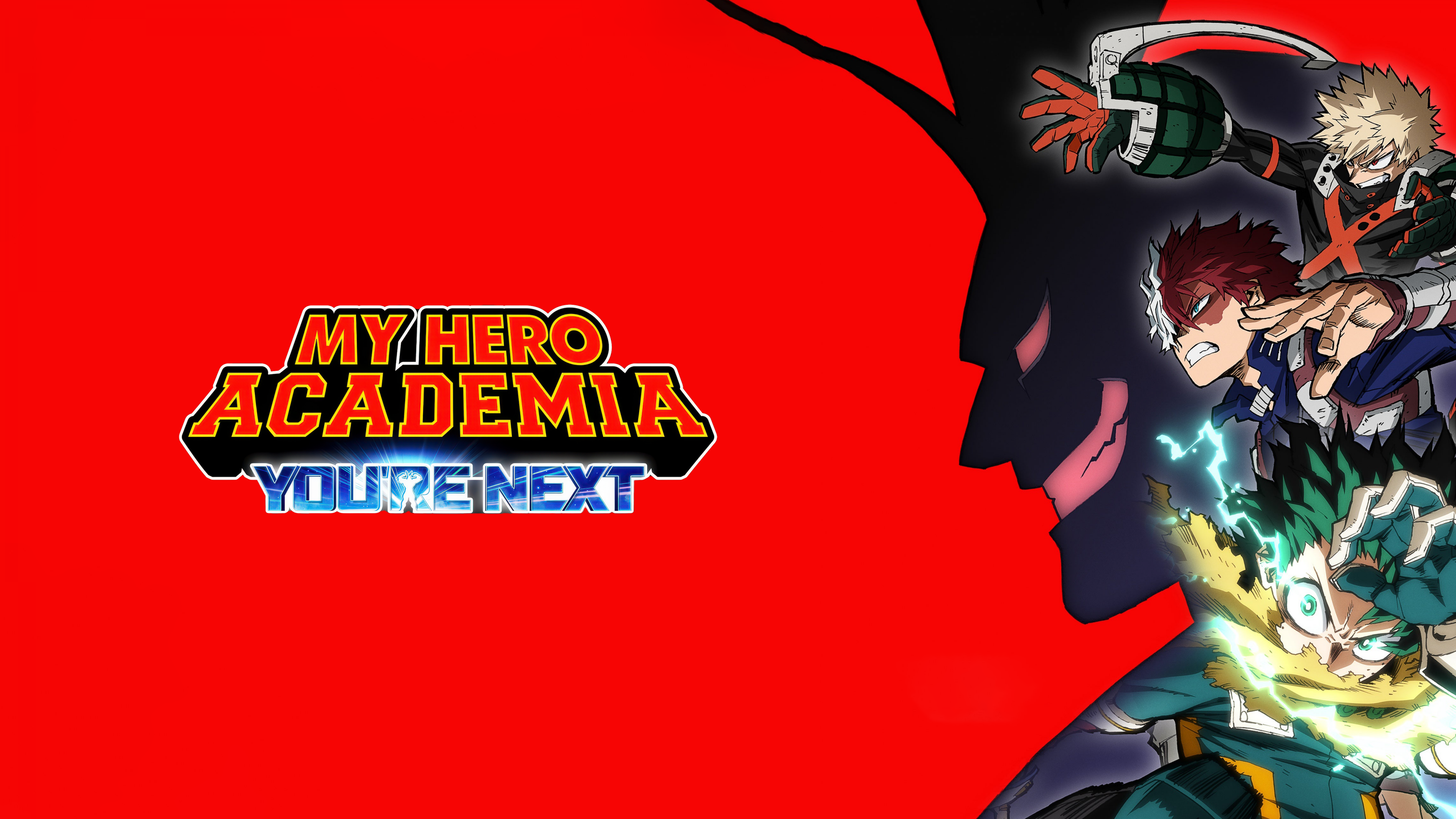 Cinematic poster of Izuku Midoriya from the anime My Hero Academia: You're Next featuring a vibrant red background.