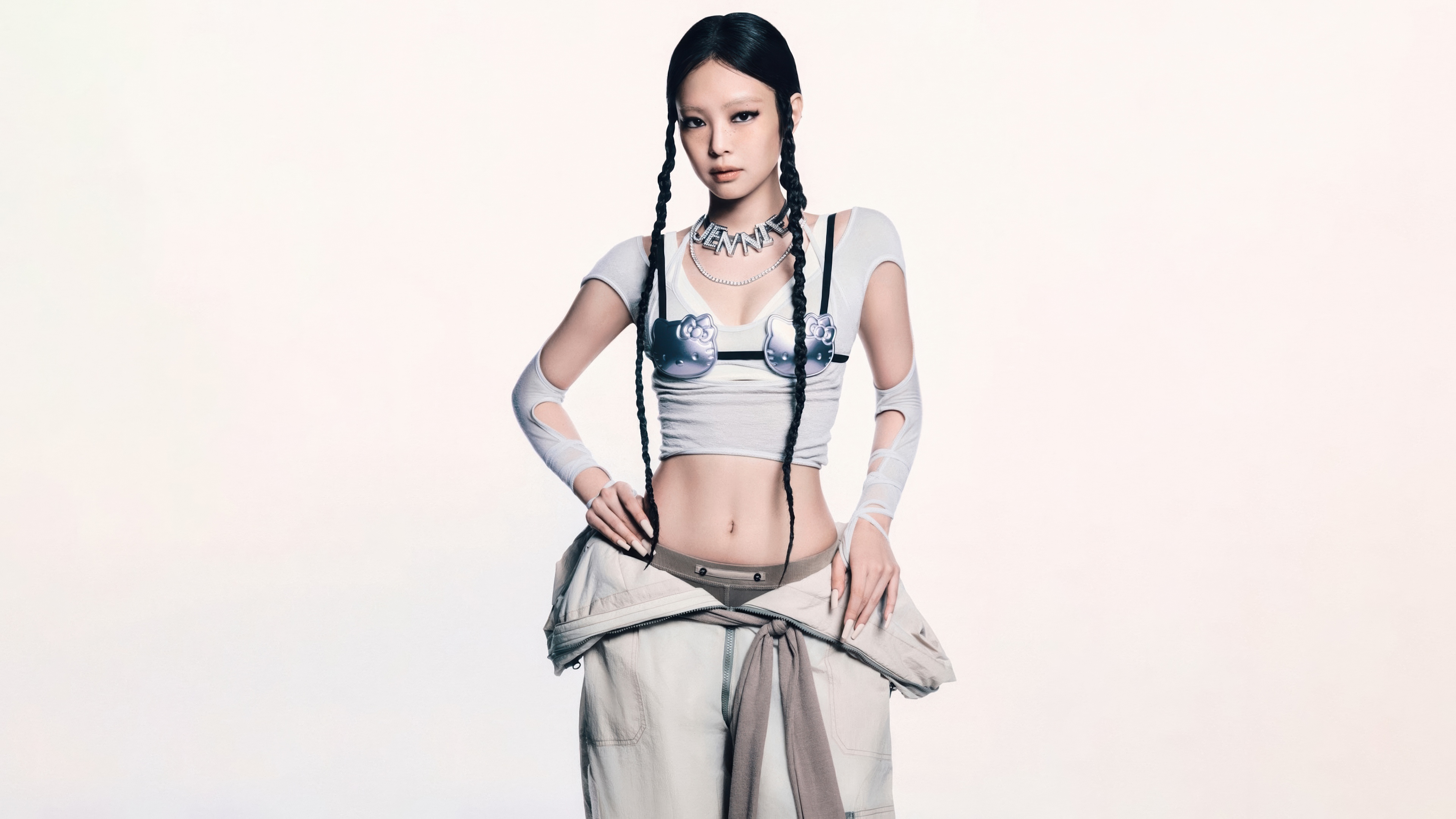 A high-resolution 5K portrait of Jennie Kim from BLACKPINK featuring a minimalist white aesthetic and futuristic 2025 style.