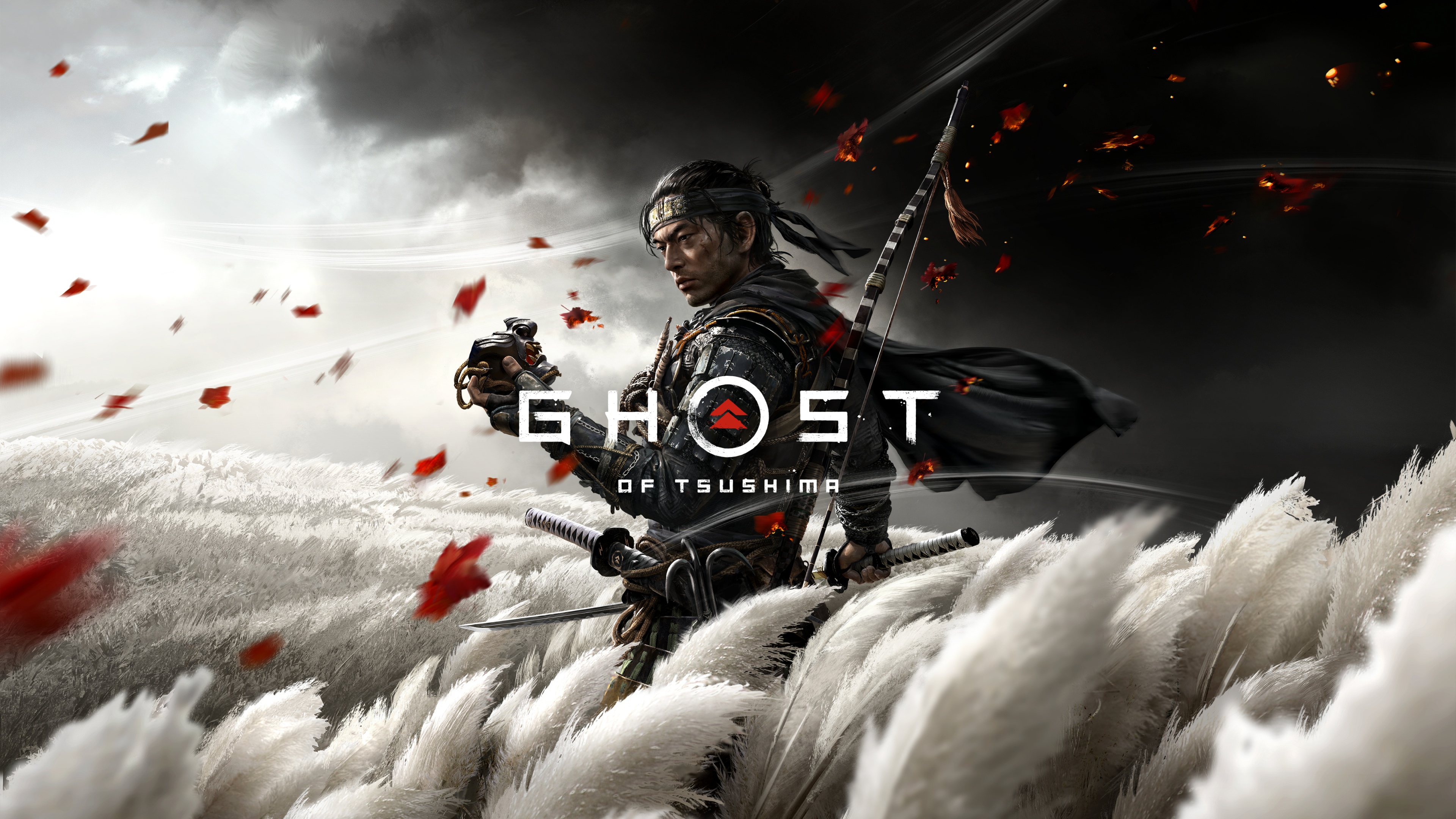 Jin Sakai wearing a traditional samurai mask in a cinematic scene from Ghost of Tsushima.