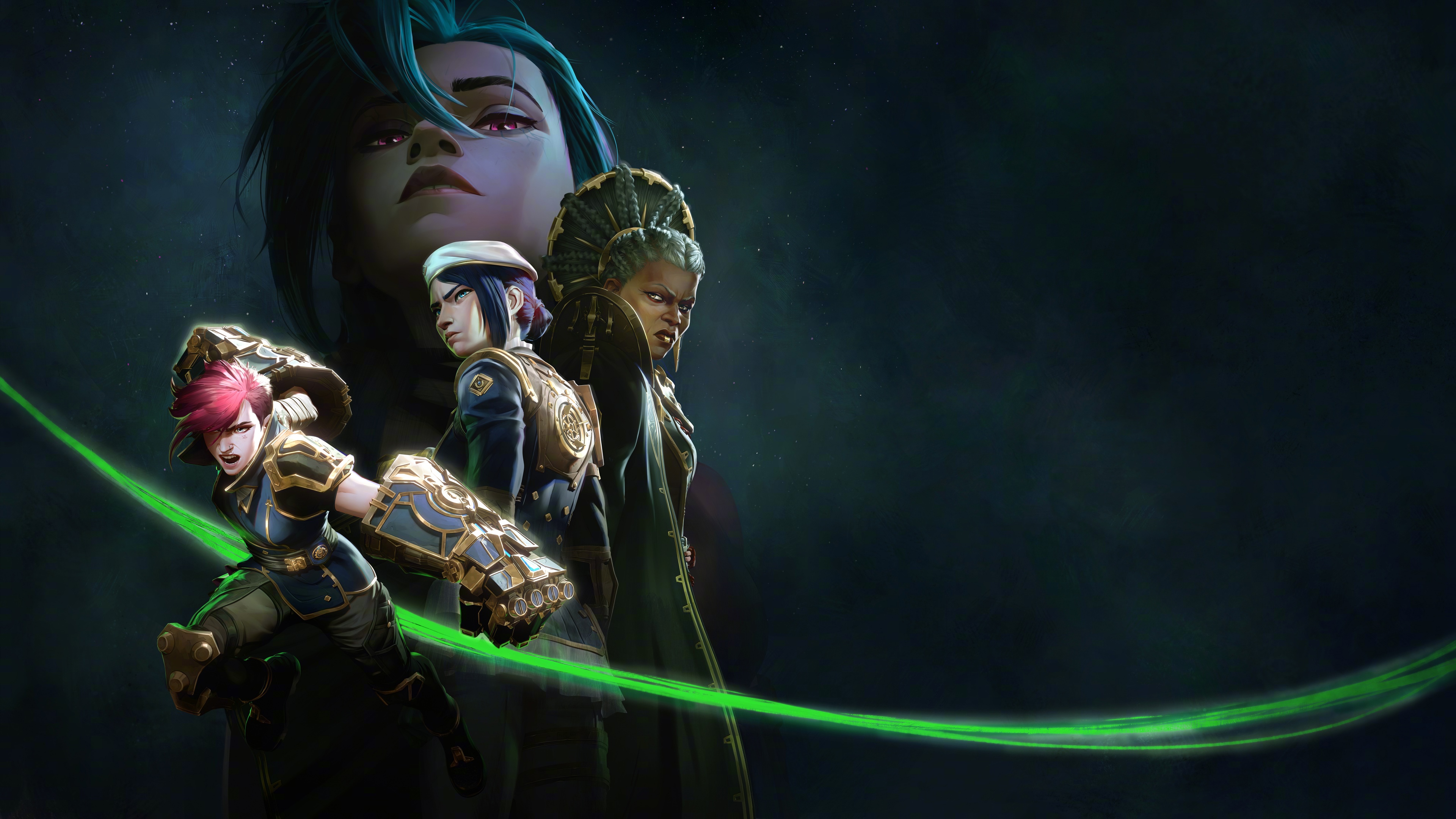 A high-definition cinematic close-up of Jinx from Arcane: League of Legends, featuring detailed textures and vibrant lighting from the Undercity.