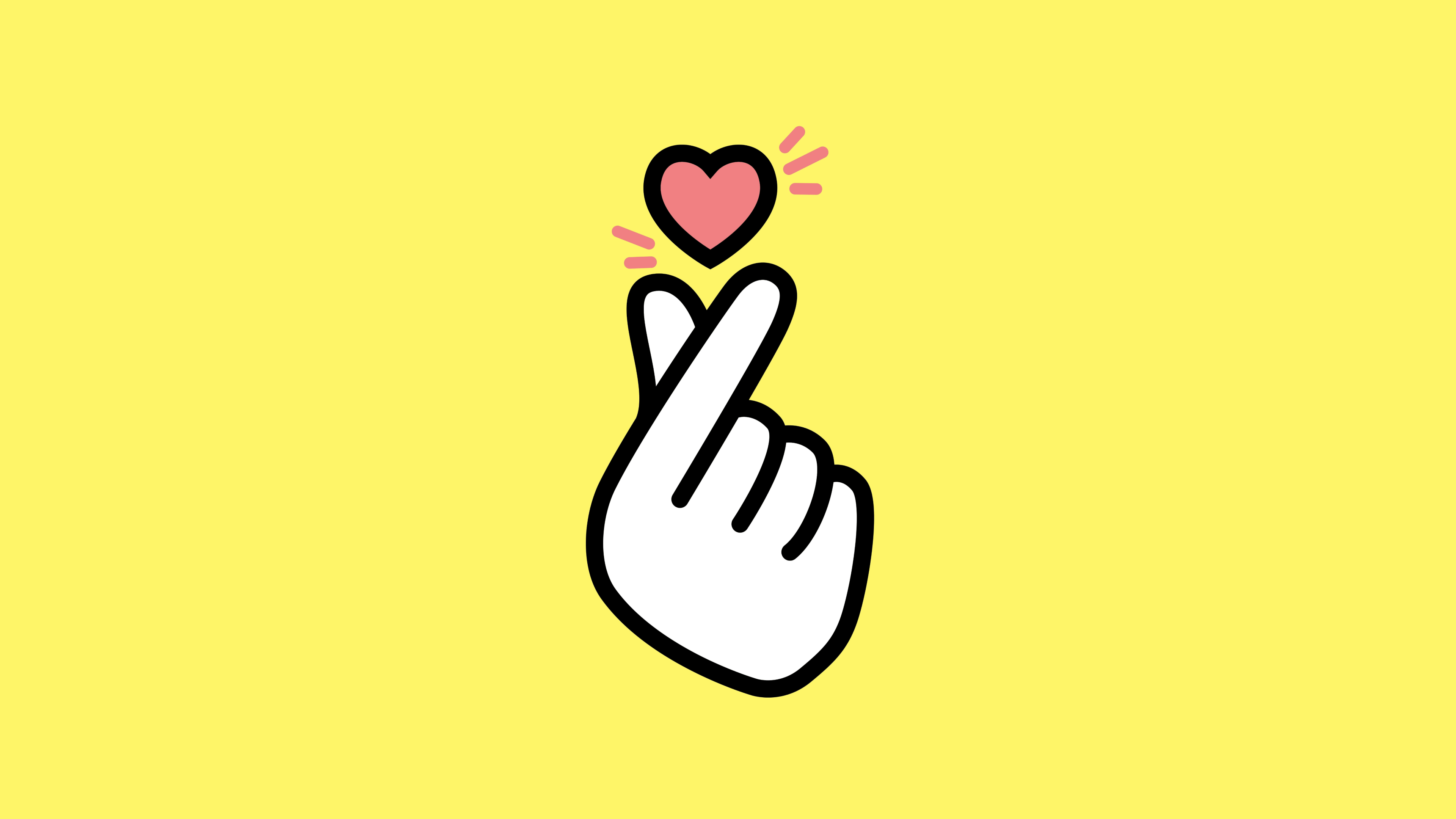 A hand performing the K-pop finger heart gesture with a pink heart icon on a bright yellow background.