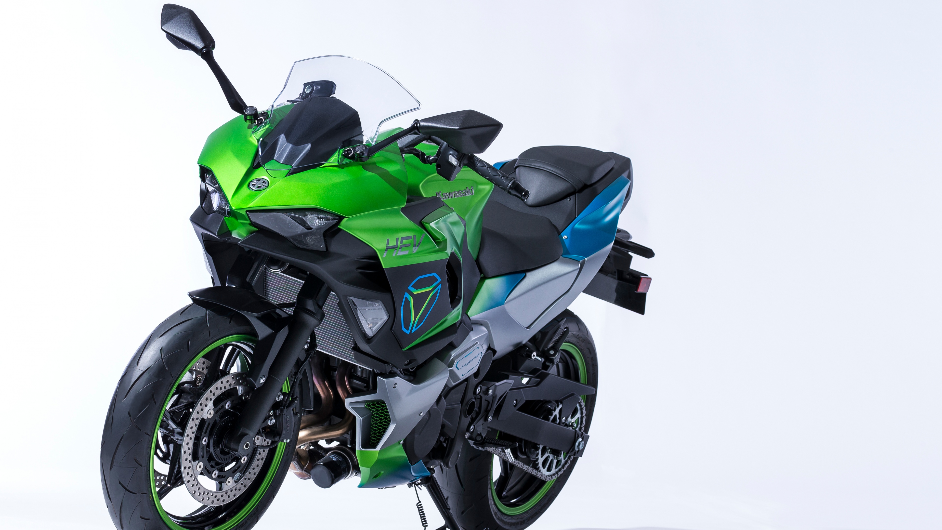 A sleek Kawasaki Ninja HEV electric hybrid sports motorcycle isolated on a white background.