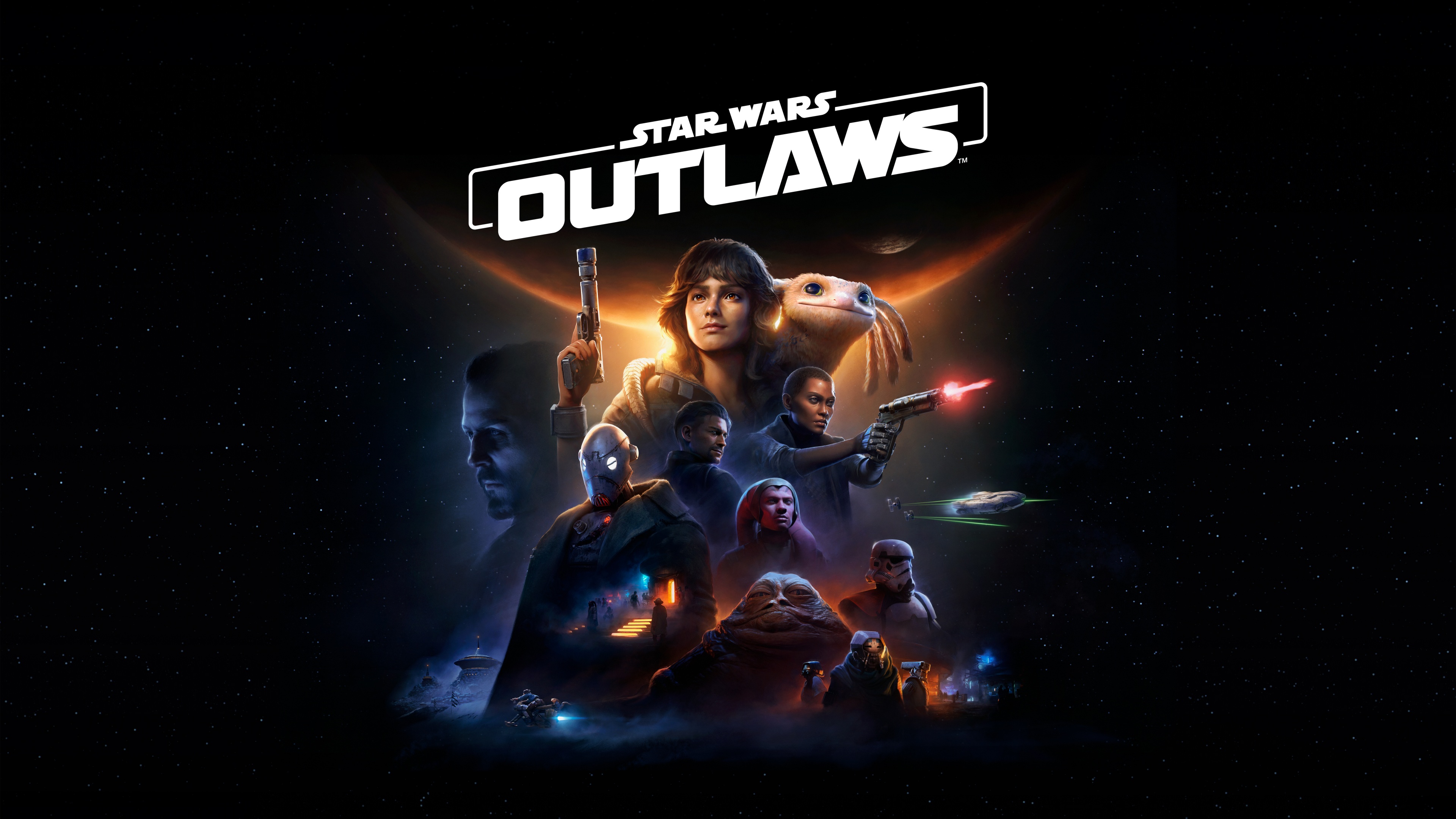 Cinematic game art of Kay Vess from Star Wars Outlaws against a dark background