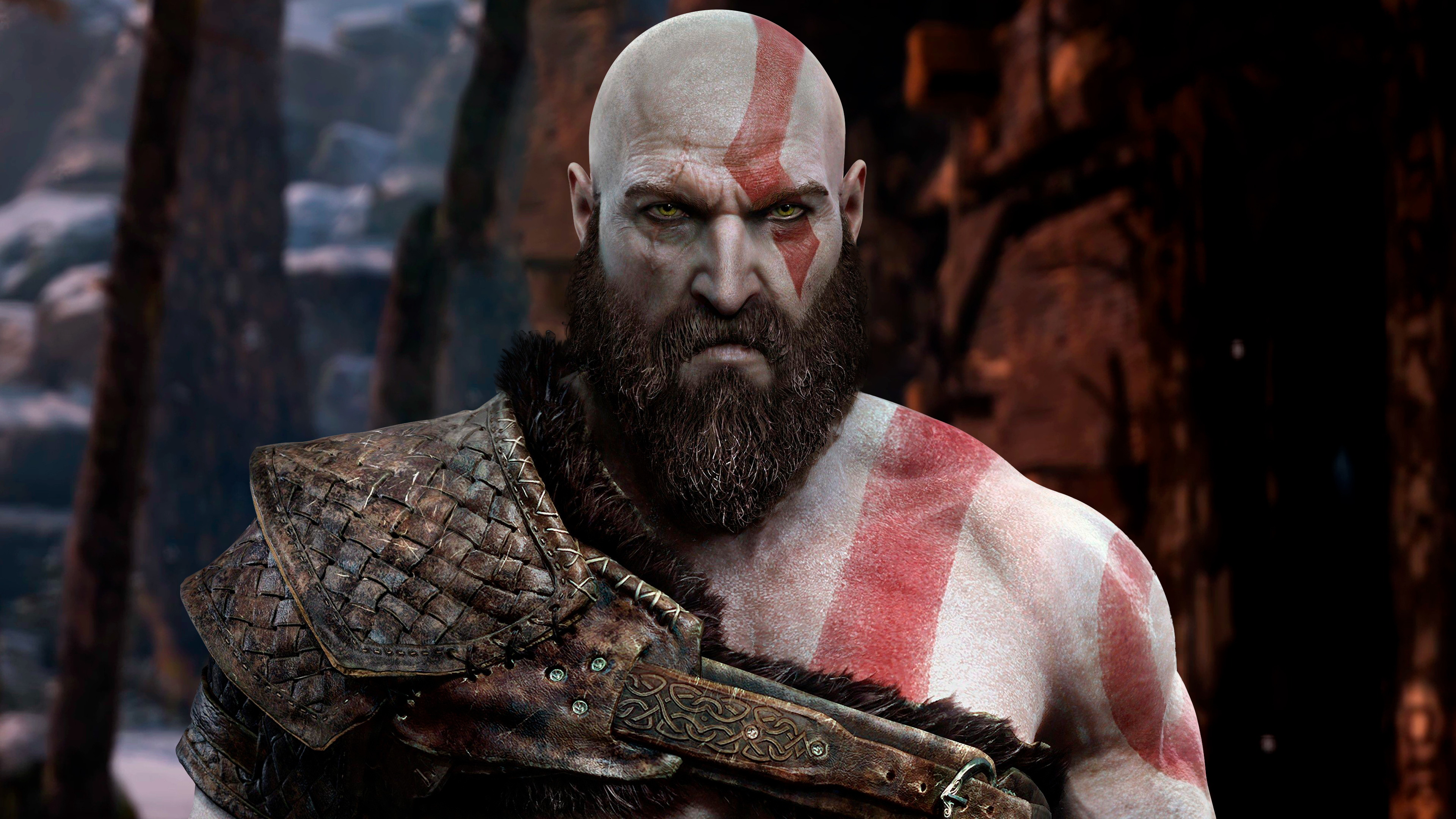 A detailed portrait of Kratos from the God of War video game series.