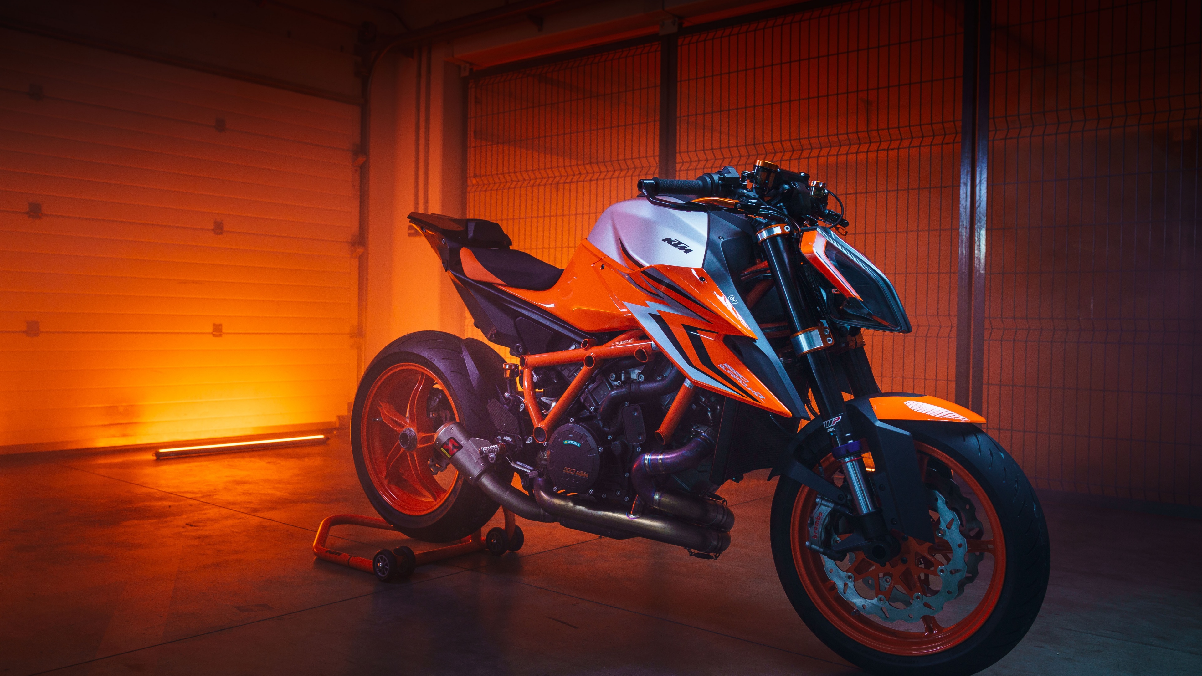 A highly detailed view of the KTM 1290 Super Duke R EVO motorcycle showcasing its aggressive design.