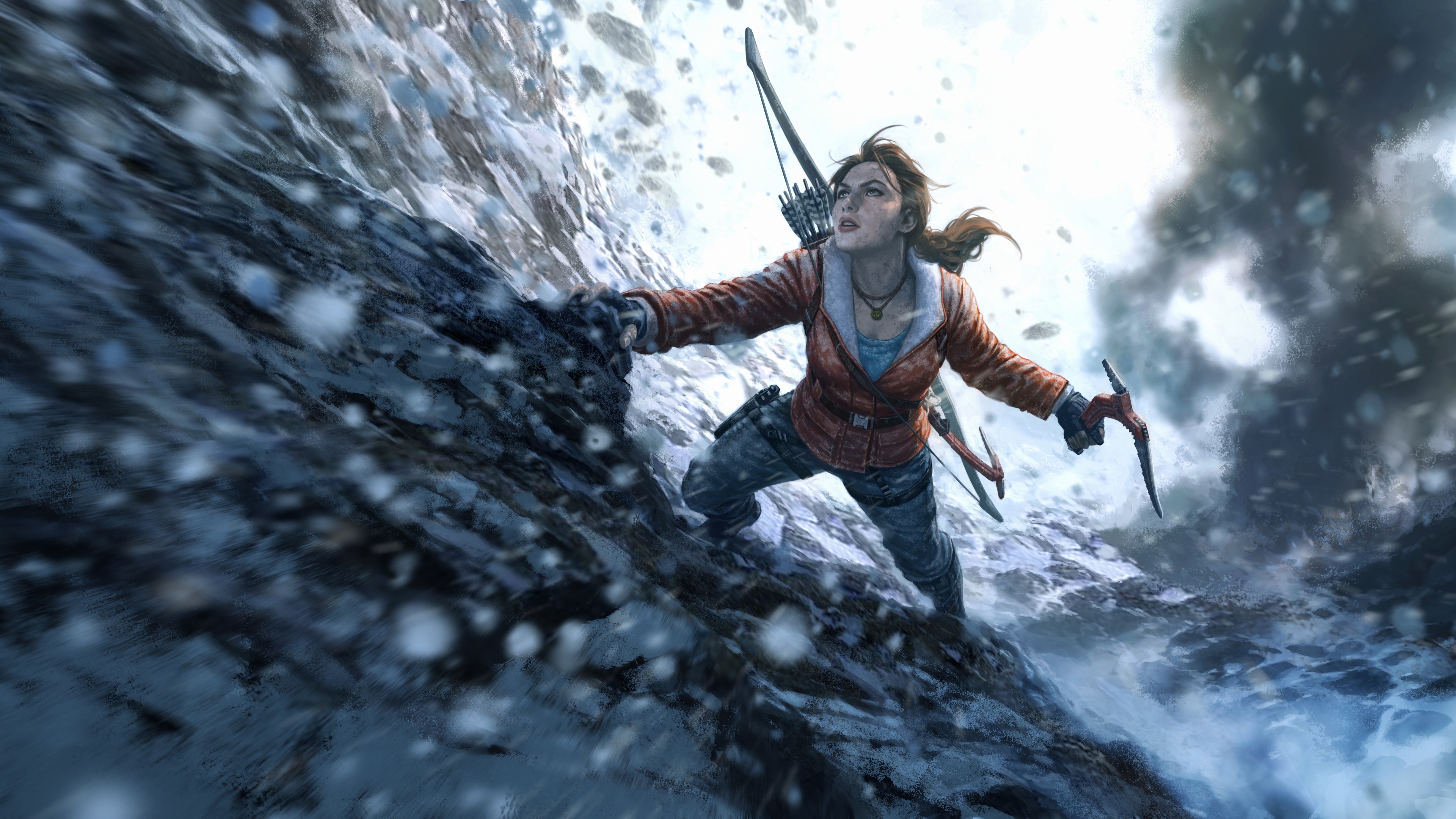A highly detailed, cinematic close-up of the character Lara Croft from the video game Rise of the Tomb Raider.