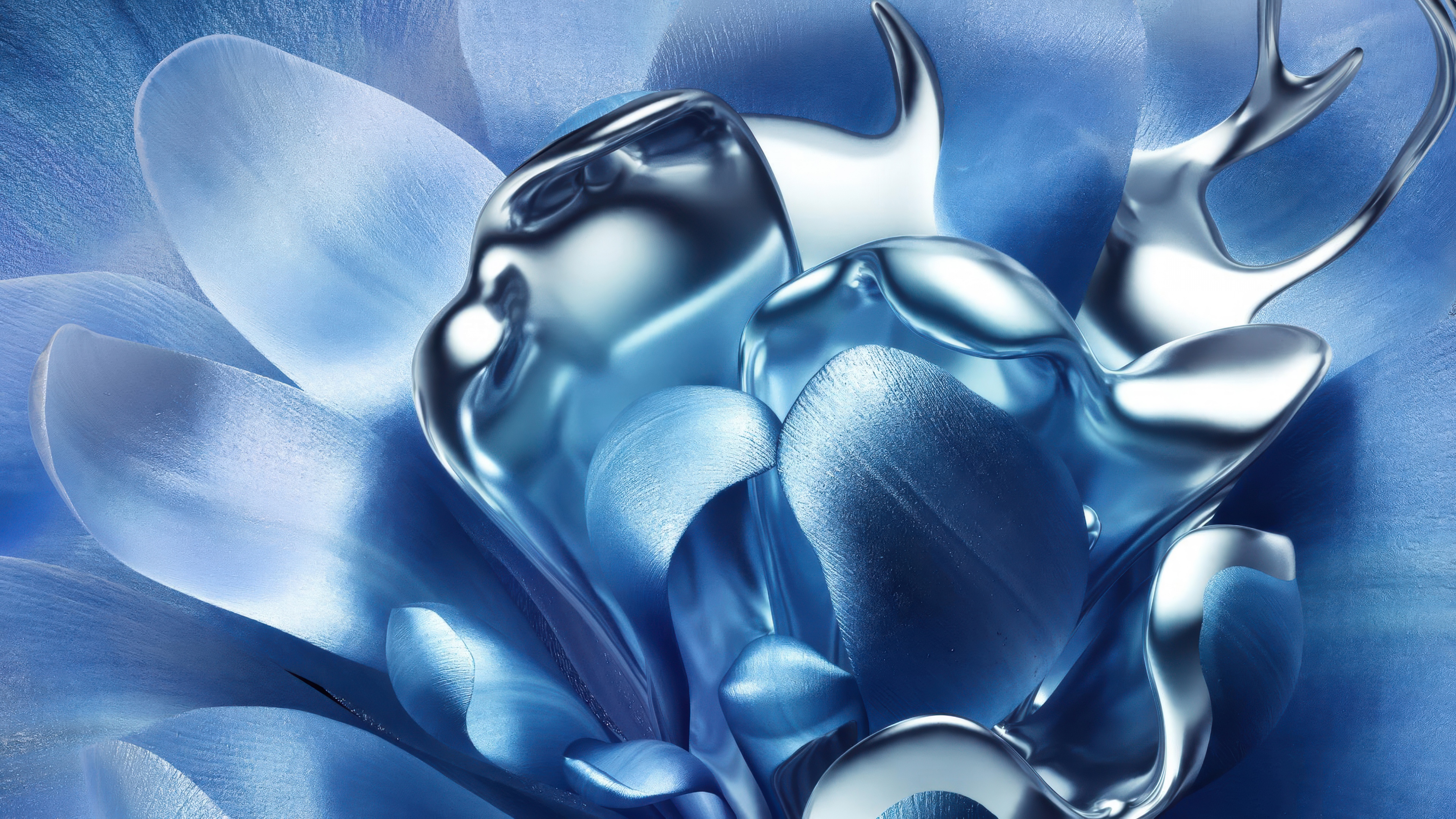 A 3D model of a digital flower made of reflective liquid metal with a modern, metallic design.