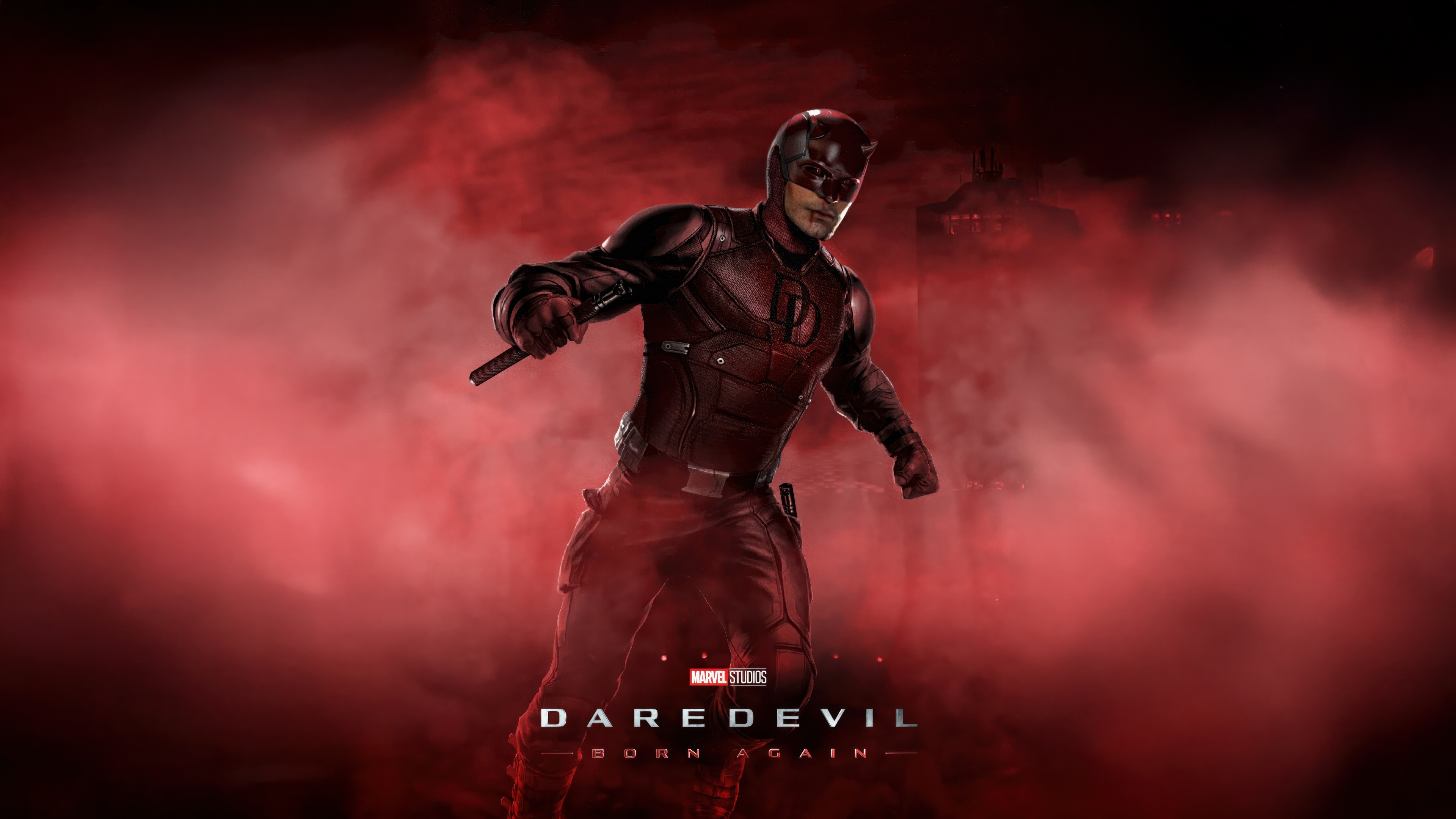 A dramatic portrait of Matt Murdock from Daredevil: Born Again against a vivid red background.