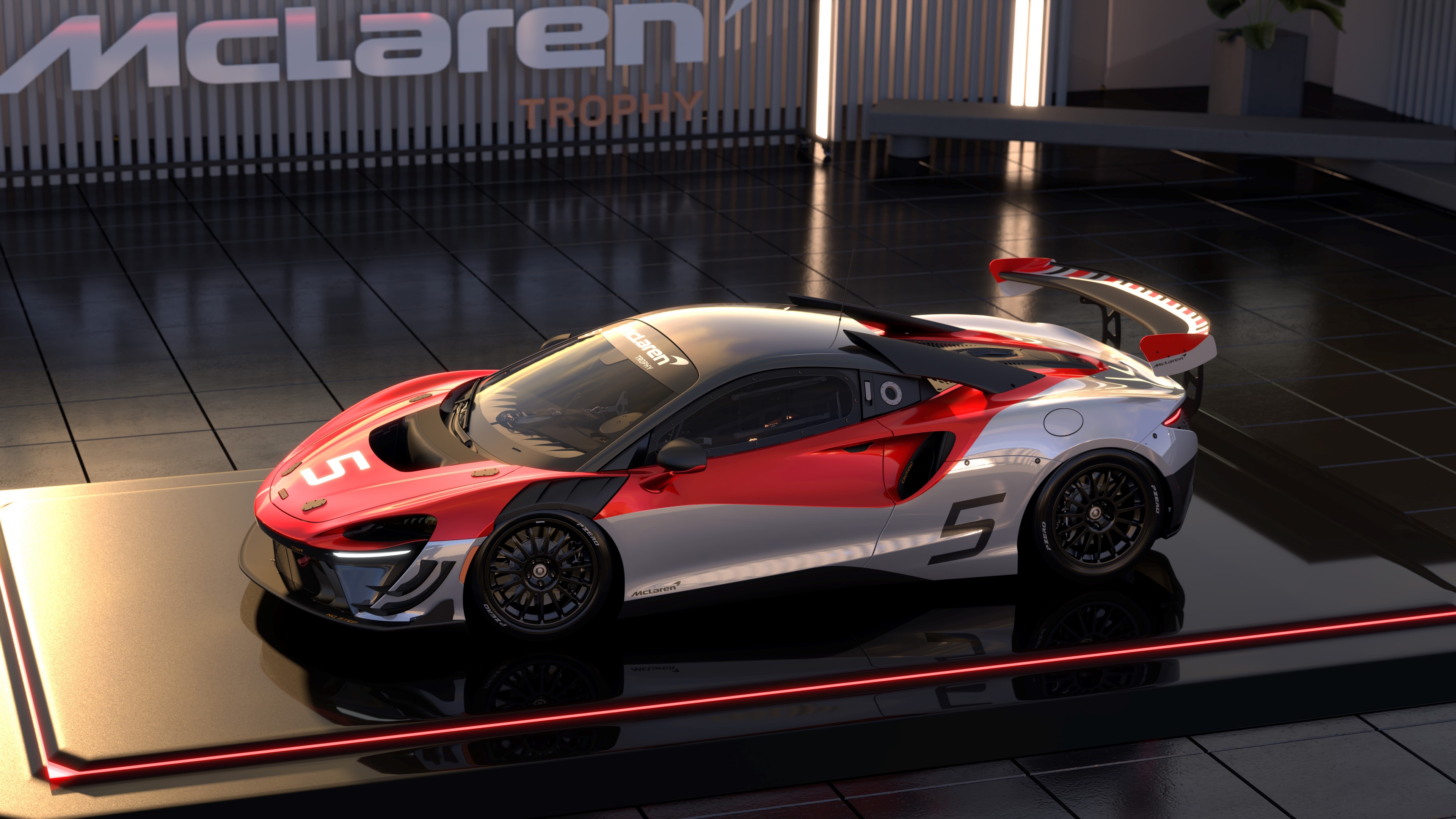 A highly detailed, close-up view of the 2024 McLaren Artura Trophy supercar, showcasing its aerodynamic body and luxury finish.