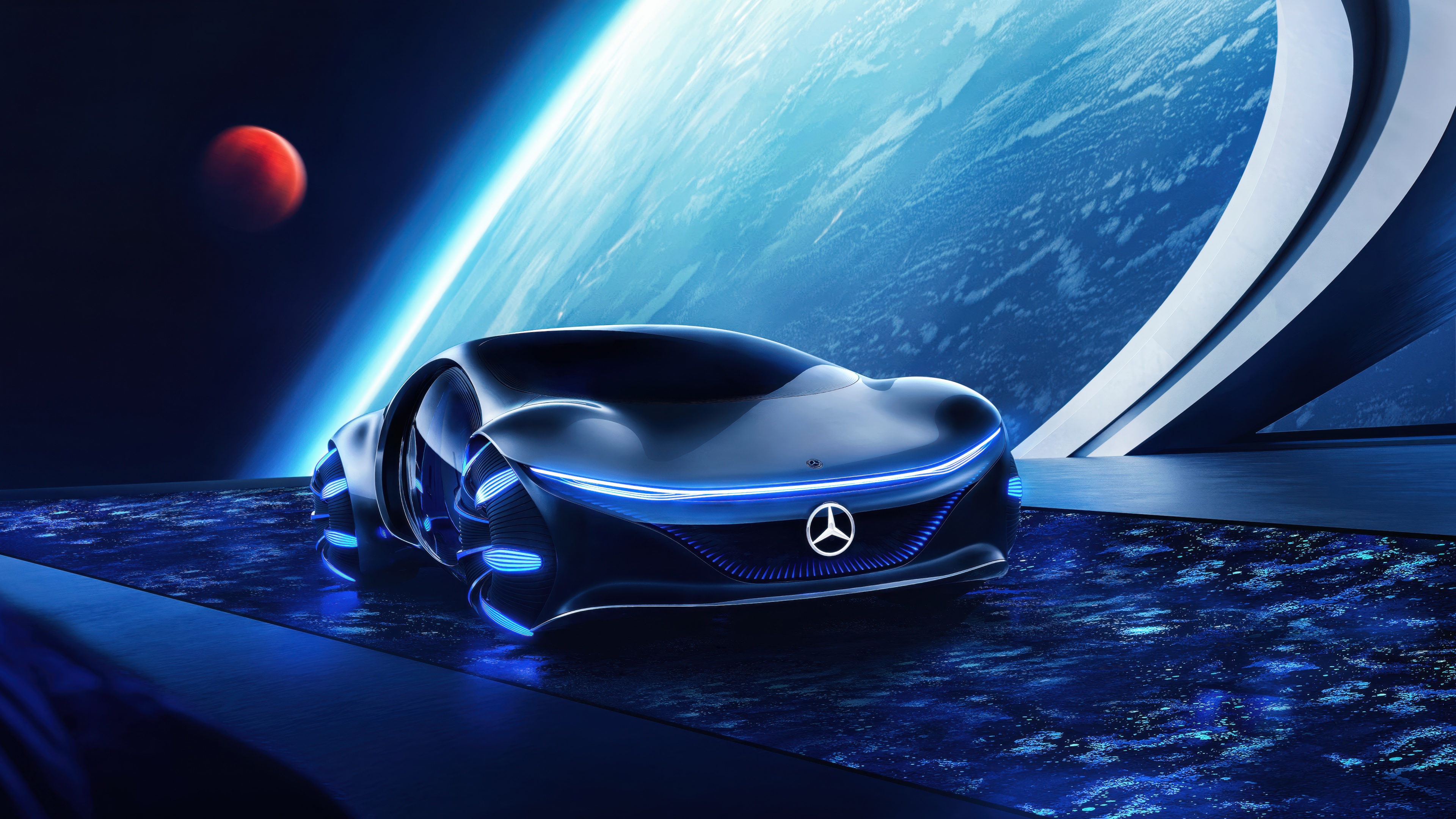 The futuristic Mercedes-Benz VISION AVTR concept car drifting through a star-filled outer space nebula.
