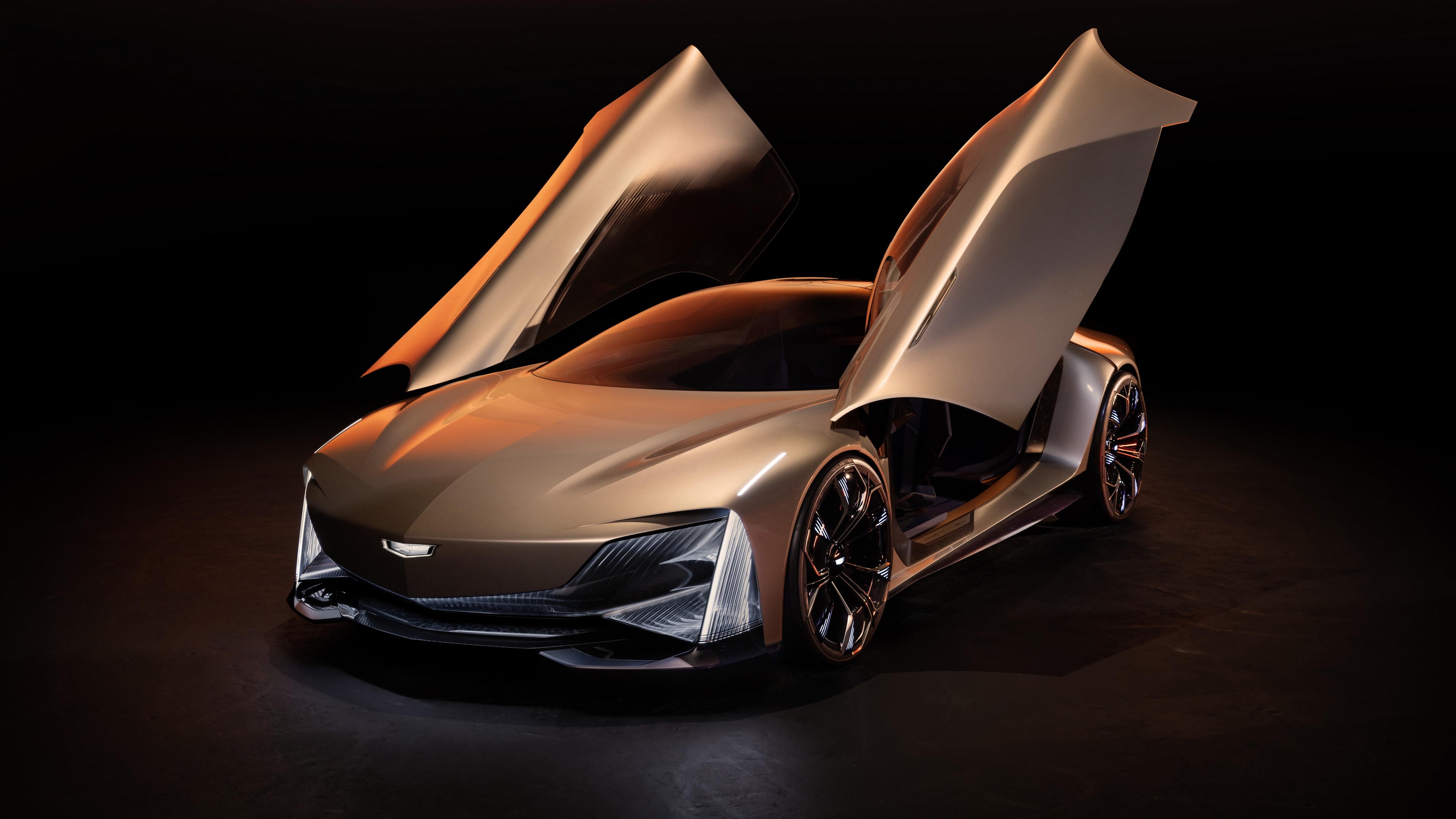 A high-resolution, futuristic concept car with glowing neon accents and a streamlined body, set against a dark, moody background.
