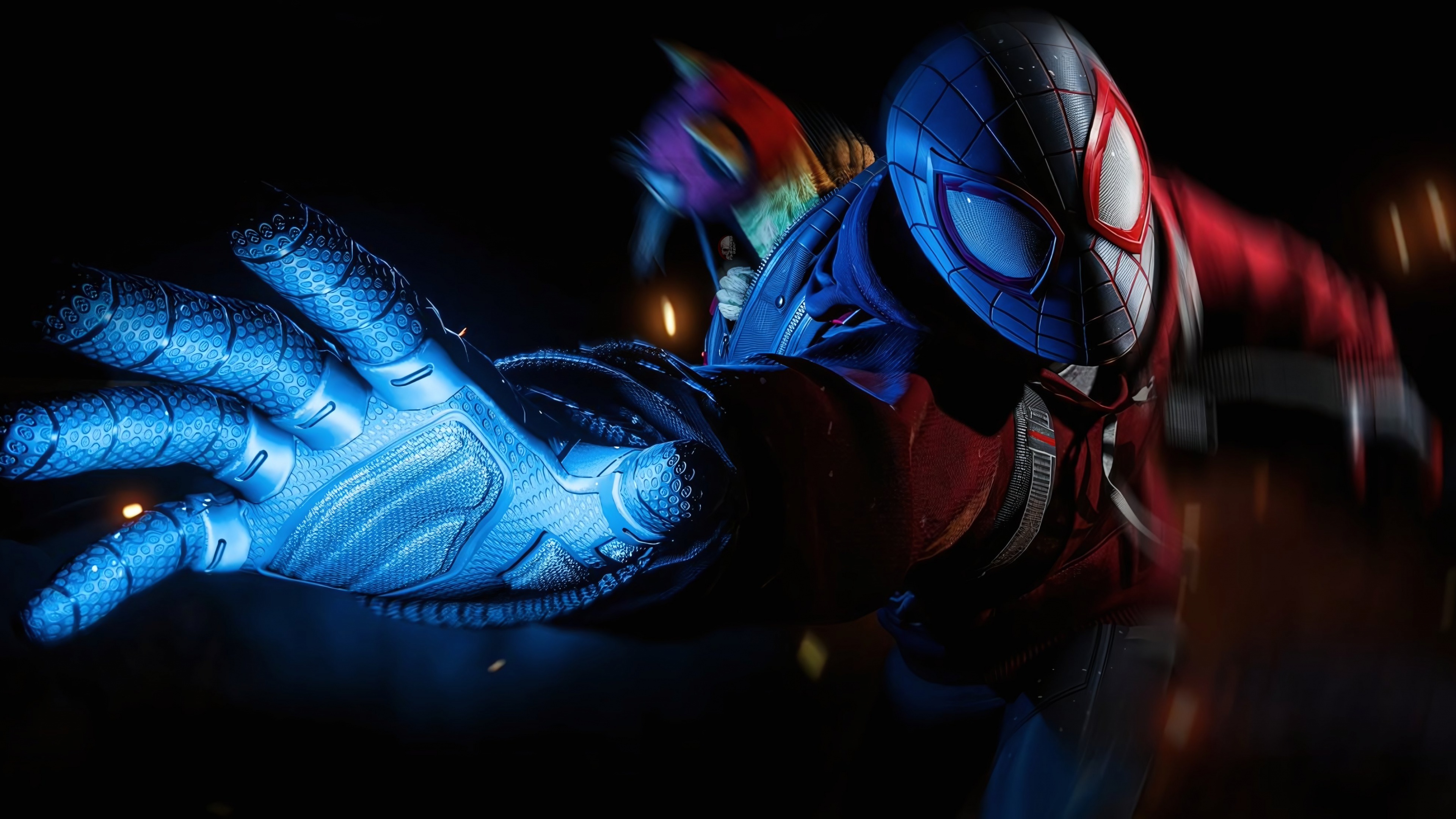 Miles Morales as Spider-Man performing an acrobatic action maneuver in the video game Spider-Man: Miles Morales.