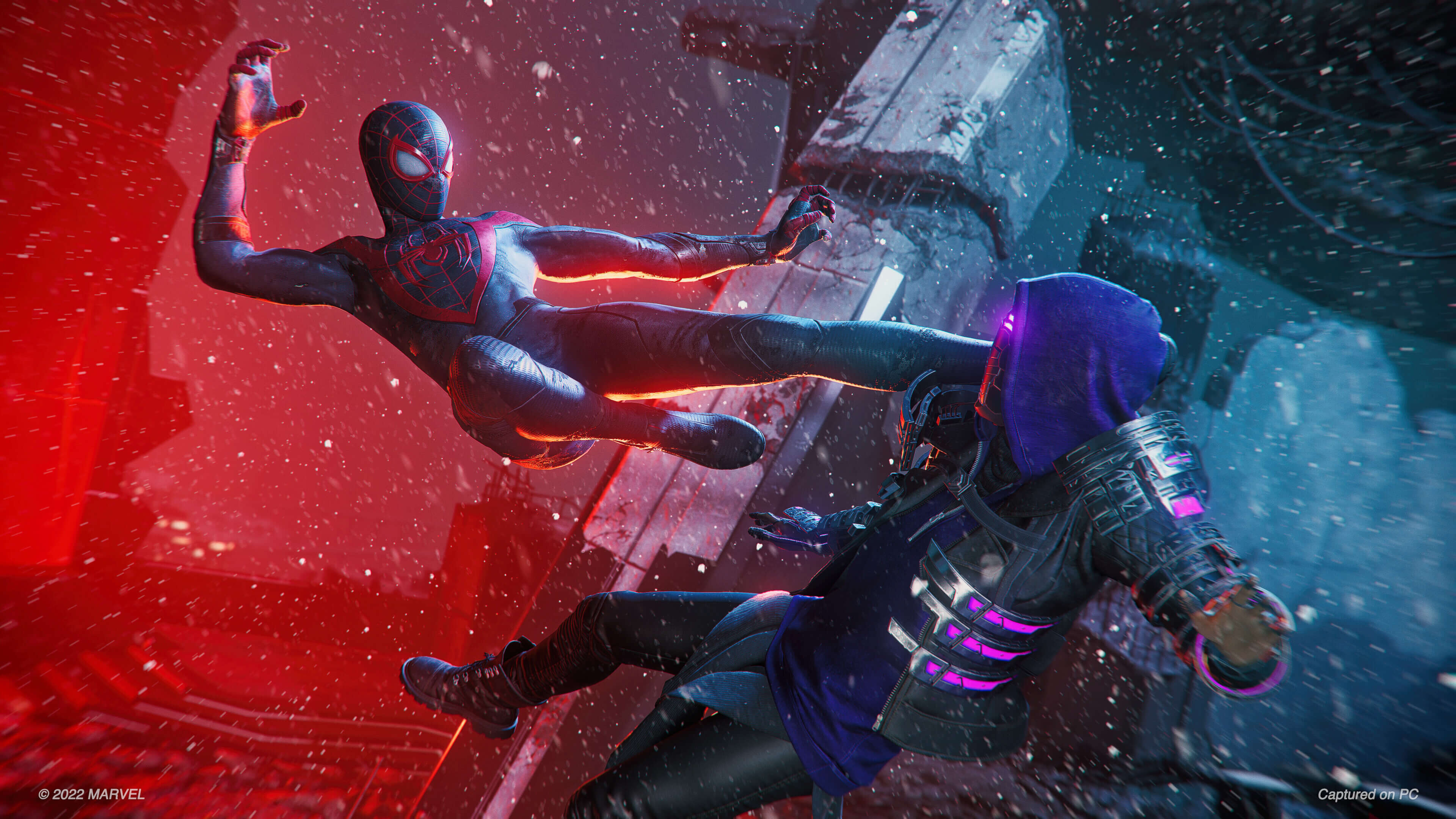 Spider-Man Miles Morales engaged in a dramatic boss fight from the video game Spider-Man: Miles Morales.