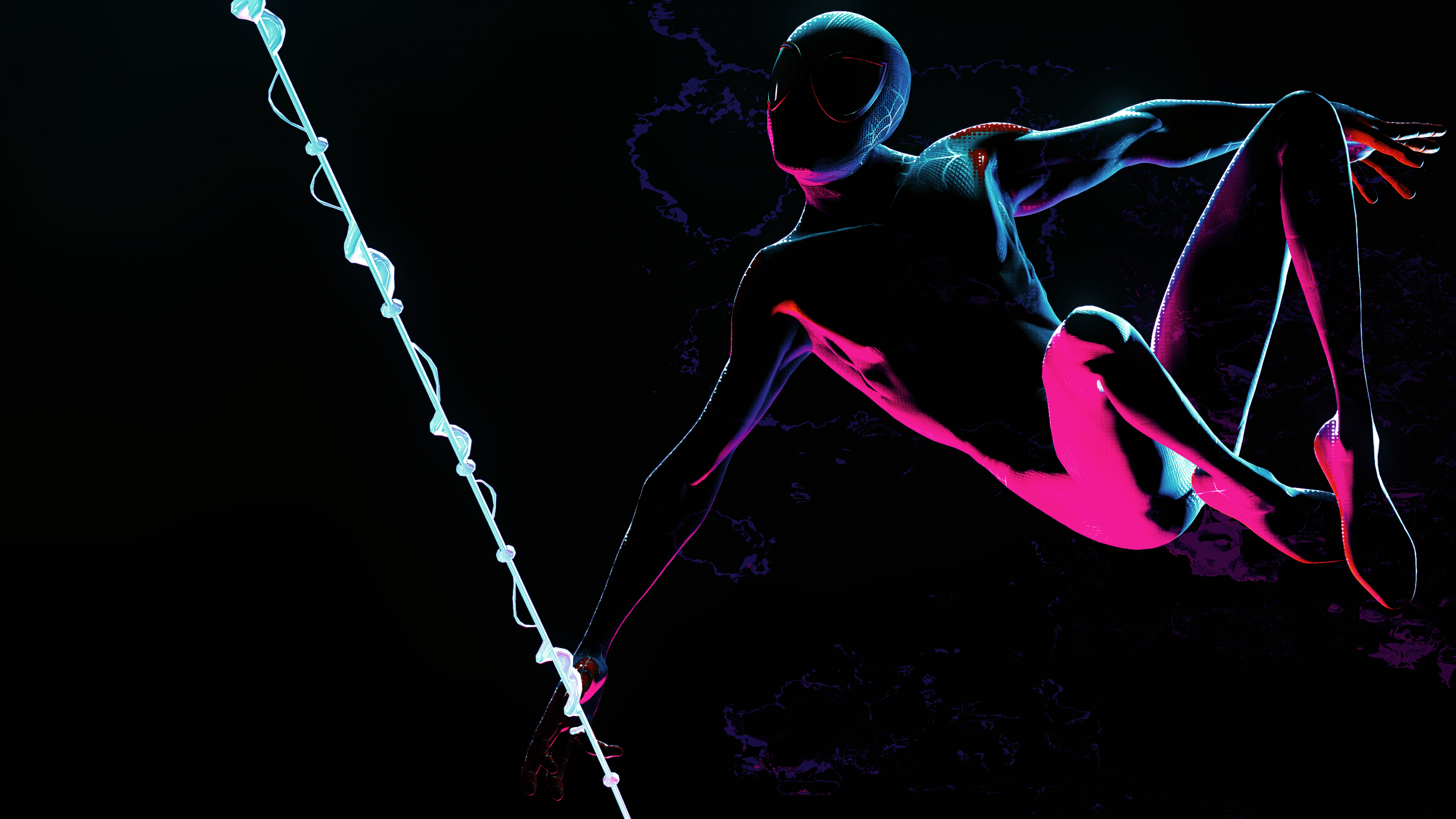 Miles Morales in his iconic Spider-Man suit against a deep black background