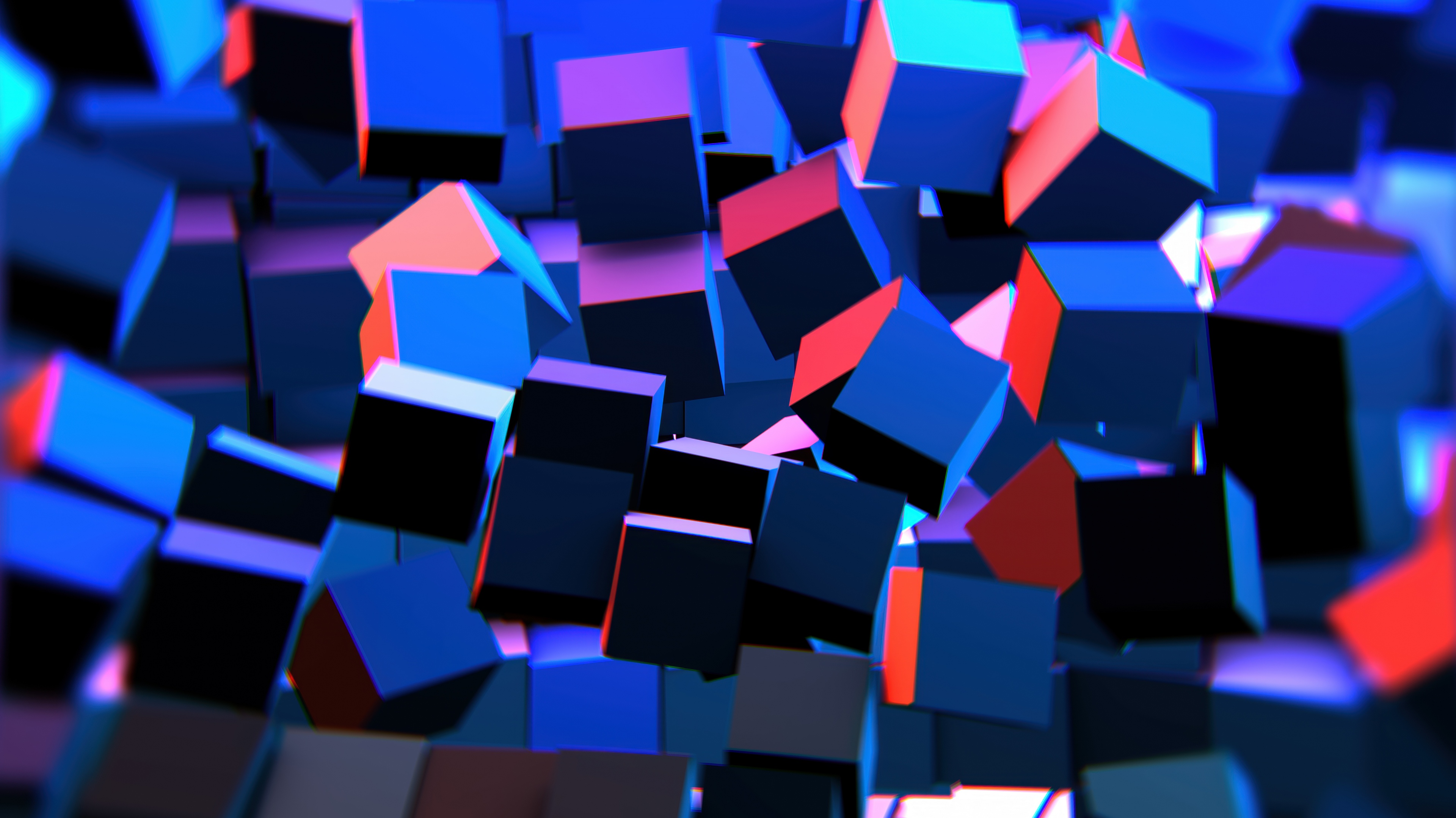A high-resolution 5K abstract background of neon-lit 3D cubes in a Minecraft-inspired geometric arrangement.