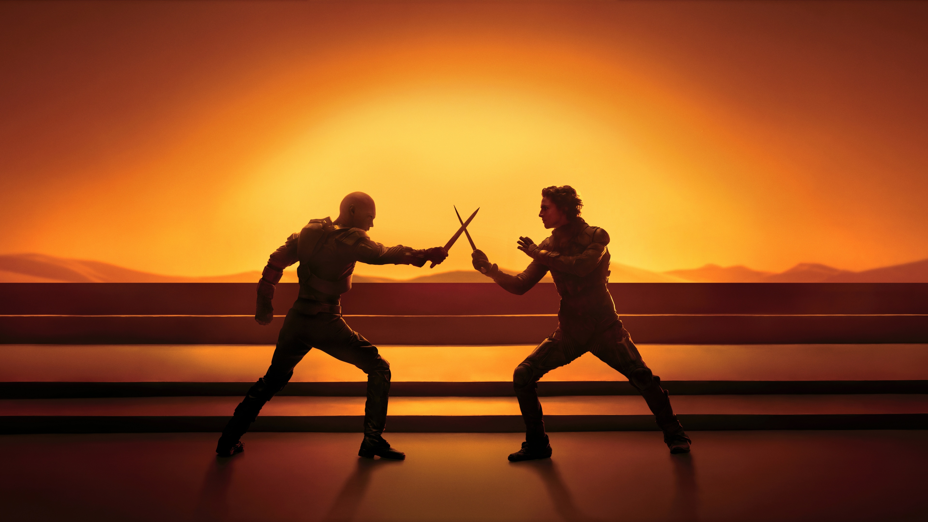 Timothée Chalamet as Paul Atreides in a dramatic battle scene from Dune: Part Two
