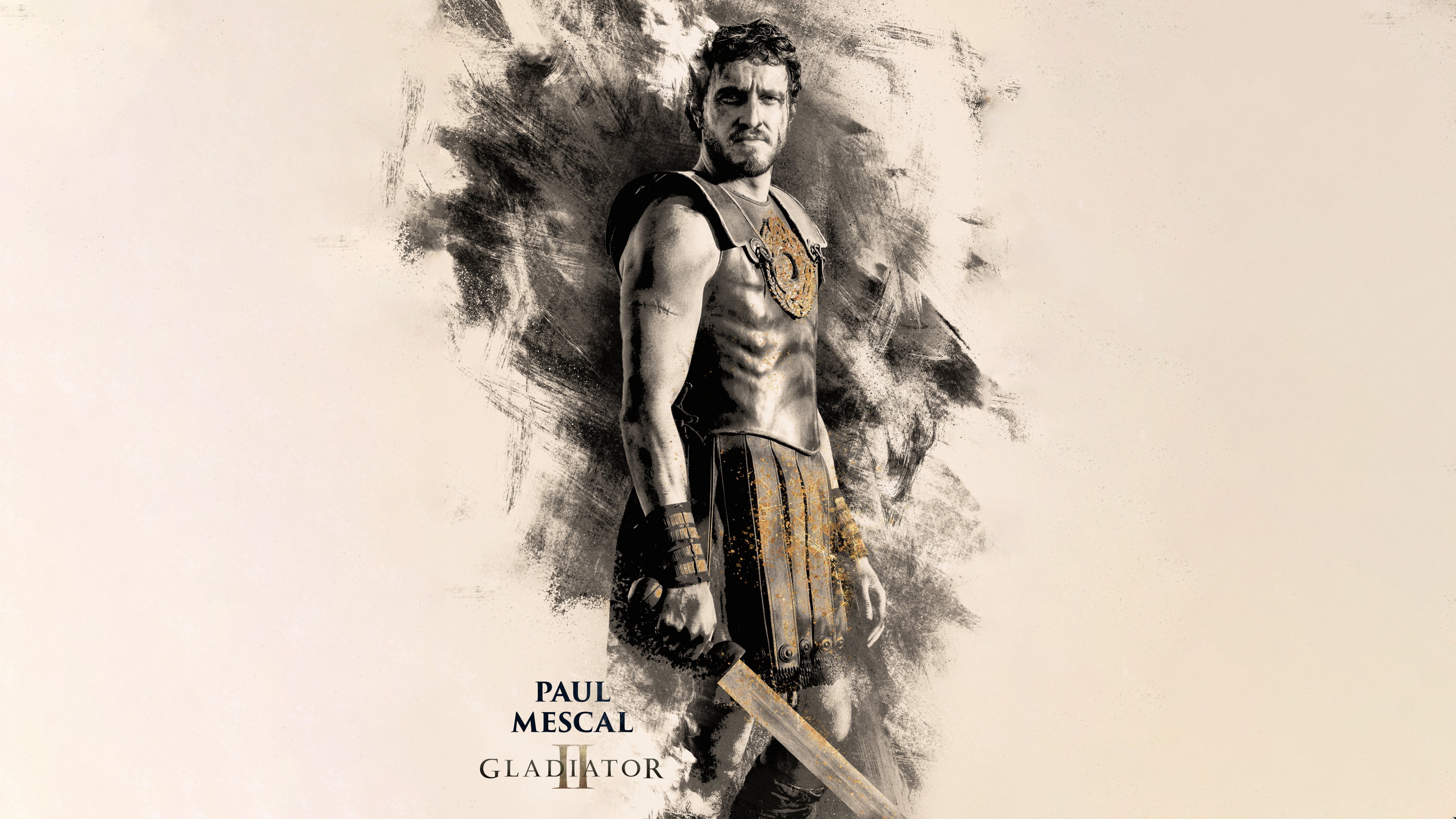 Cinematic close-up of Paul Mescal in character for the movie Gladiator II