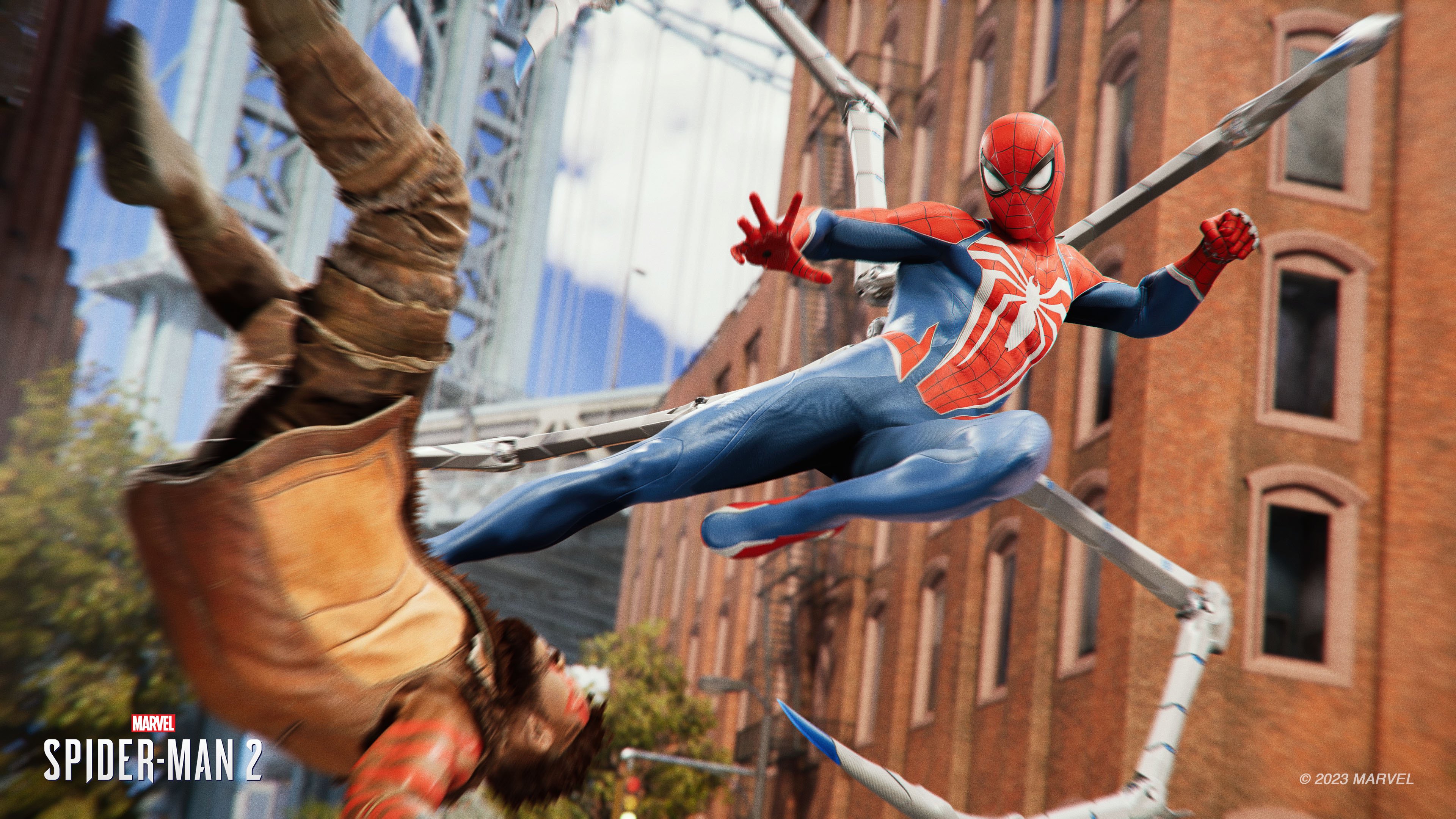 Peter Parker in an action pose as Spider-Man from the game Marvel's Spider-Man 2.