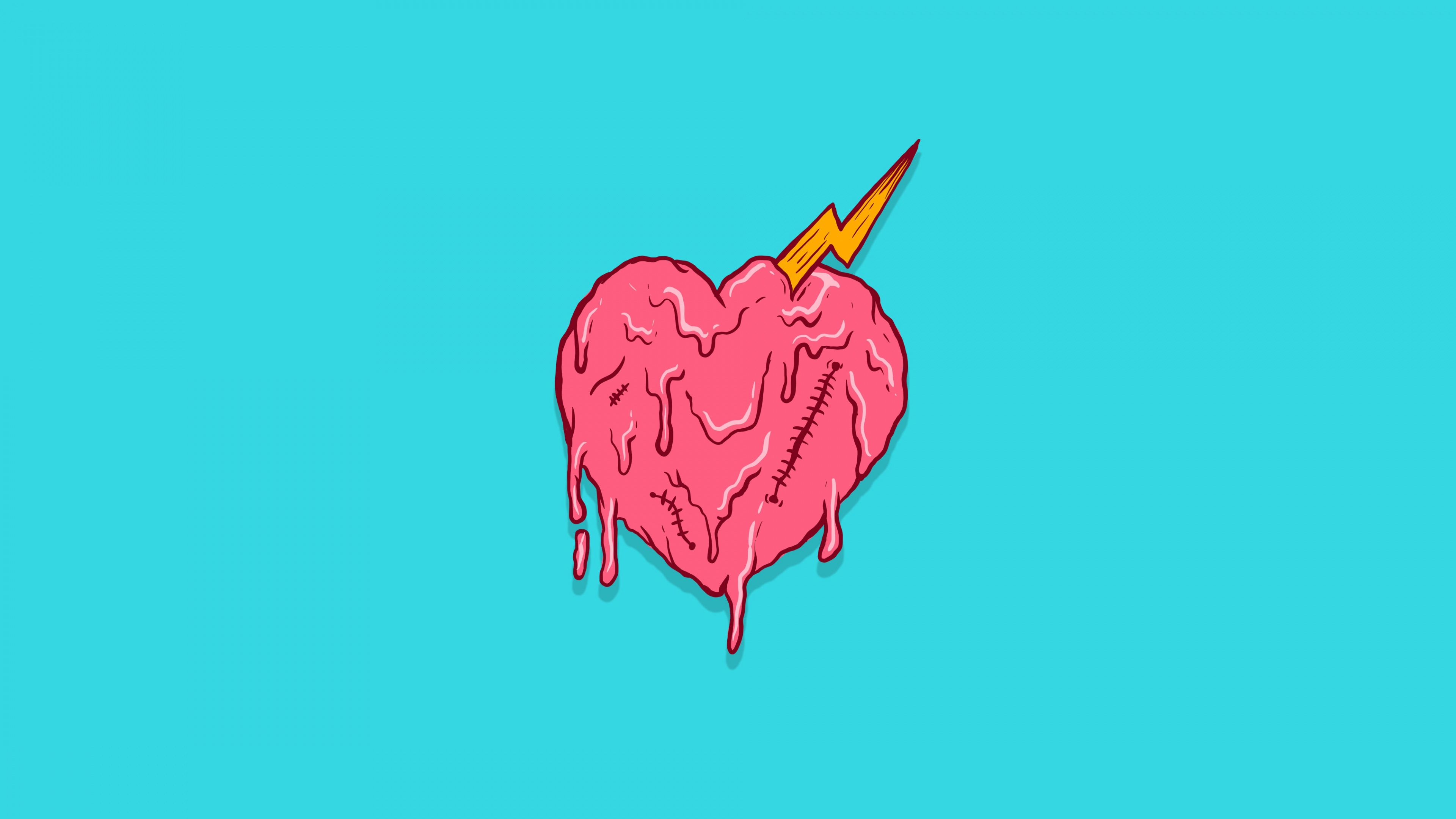 A pink melting heart with drips on a bright turquoise blue background.