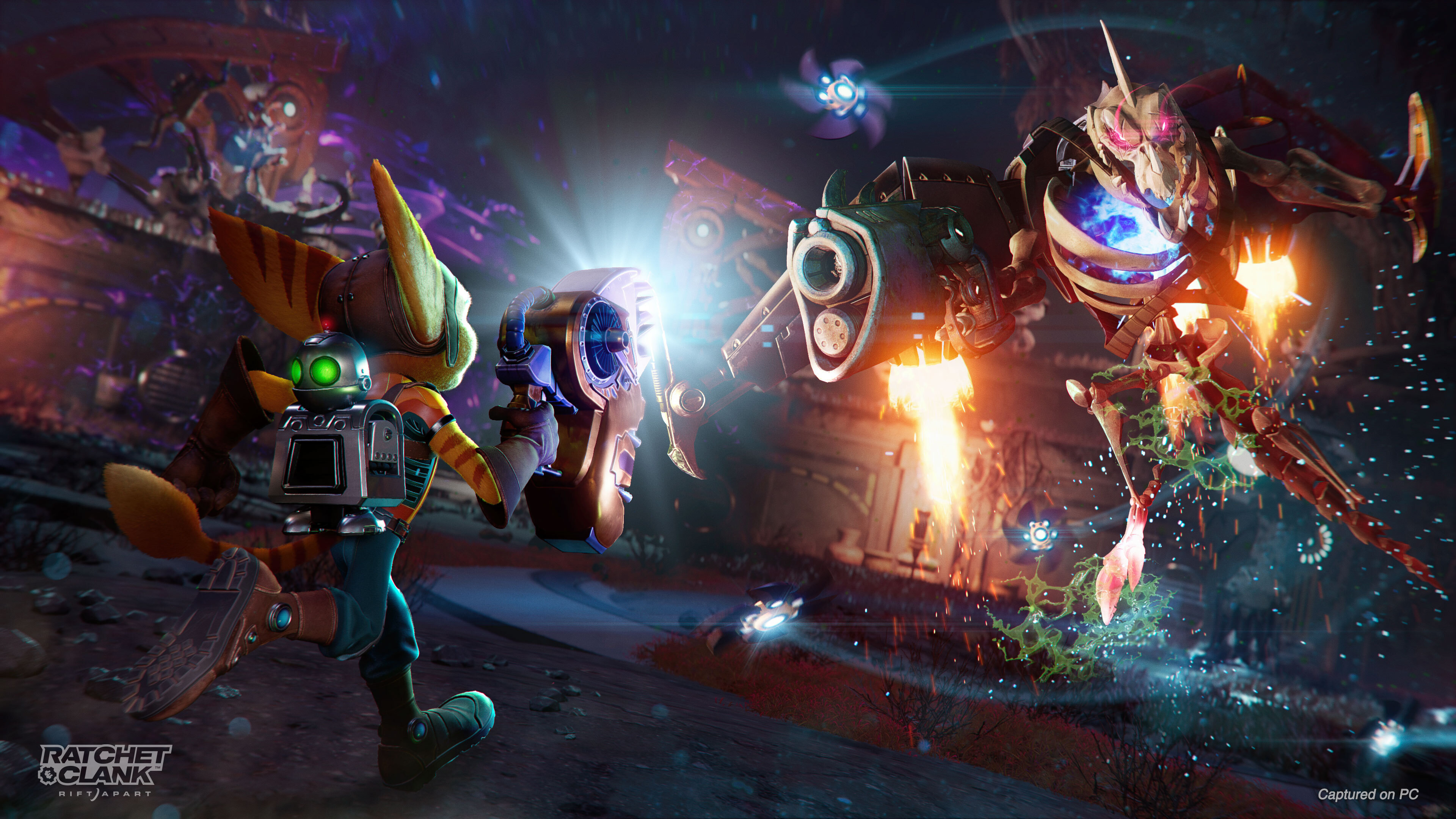 Ratchet and Clank in a dynamic gameplay moment from the video game Ratchet & Clank: Rift Apart