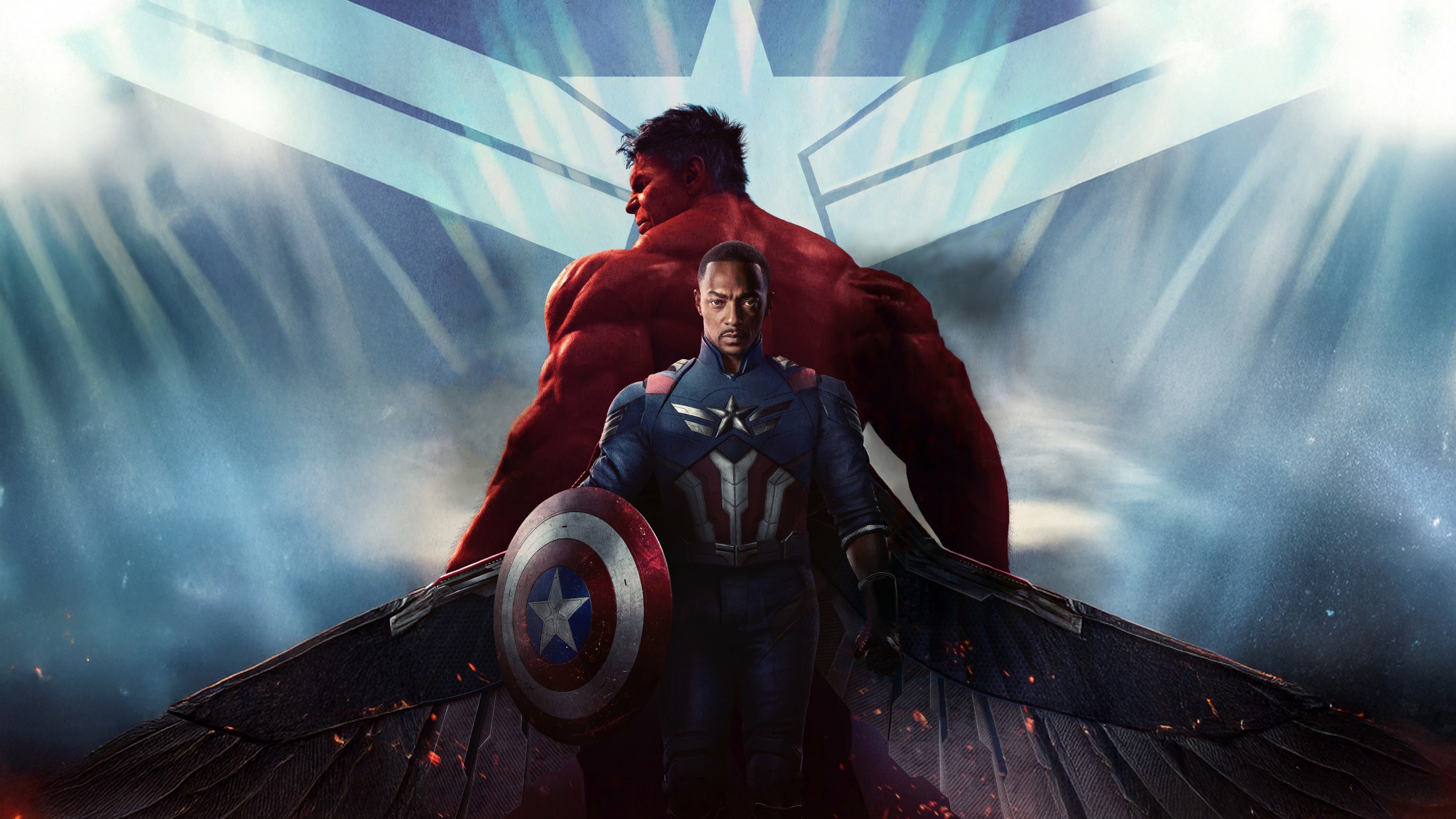 Red Hulk (Thunderbolt Ross) and Captain America (Sam Wilson) from the Marvel movie Captain America: Brave New World.