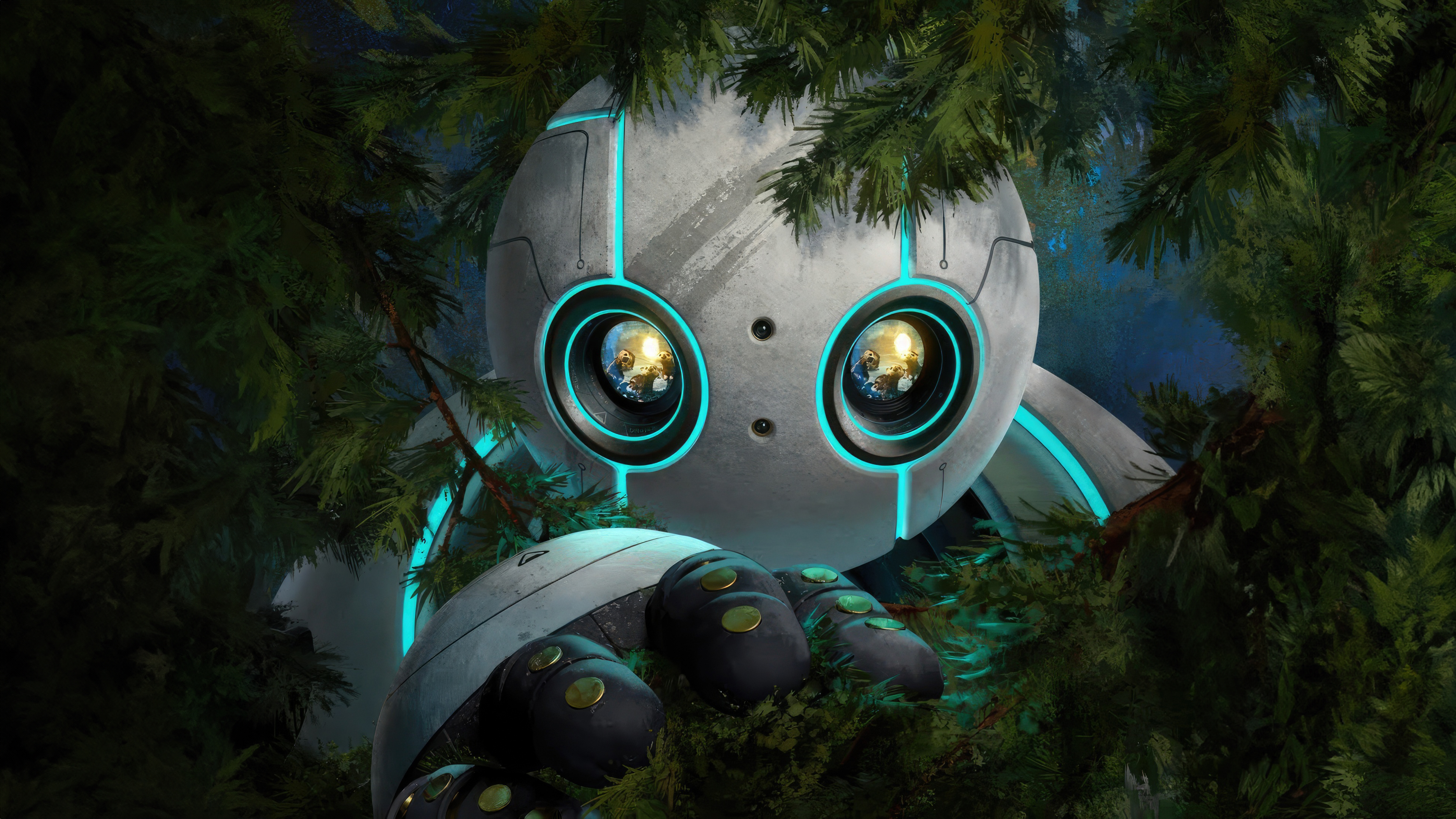 Roz the robot interacting with a lush, green forest environment from the movie The Wild Robot.