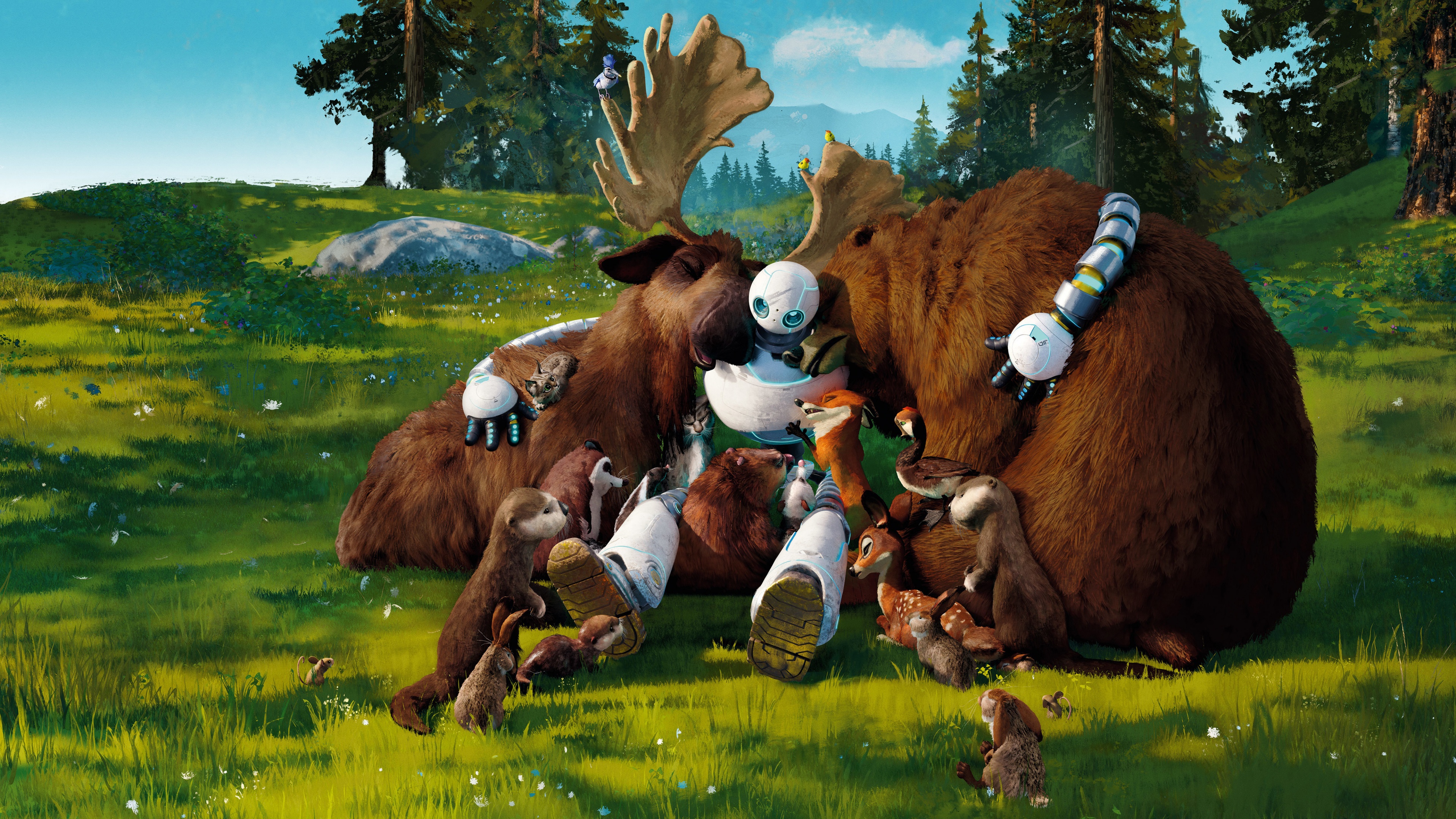 A highly detailed, cinematic view of the robot Roz in a lush, green forest environment from the movie The Wild Robot.