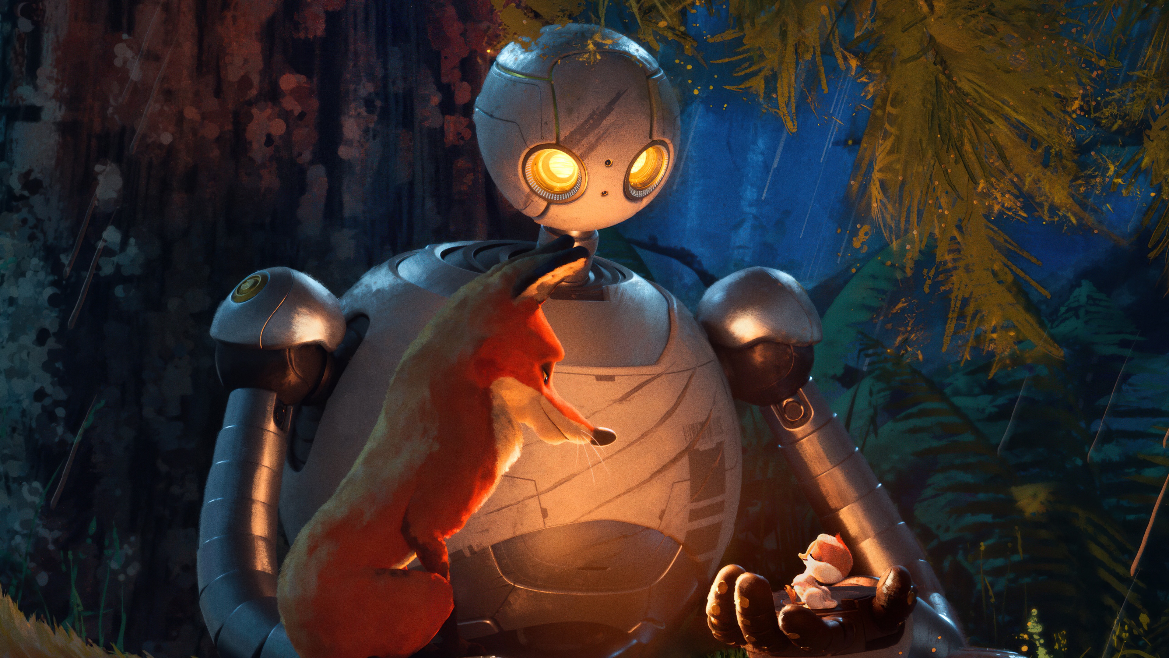 A detailed cinematic close-up of the robot Roz in a forest landscape from the animated movie The Wild Robot.
