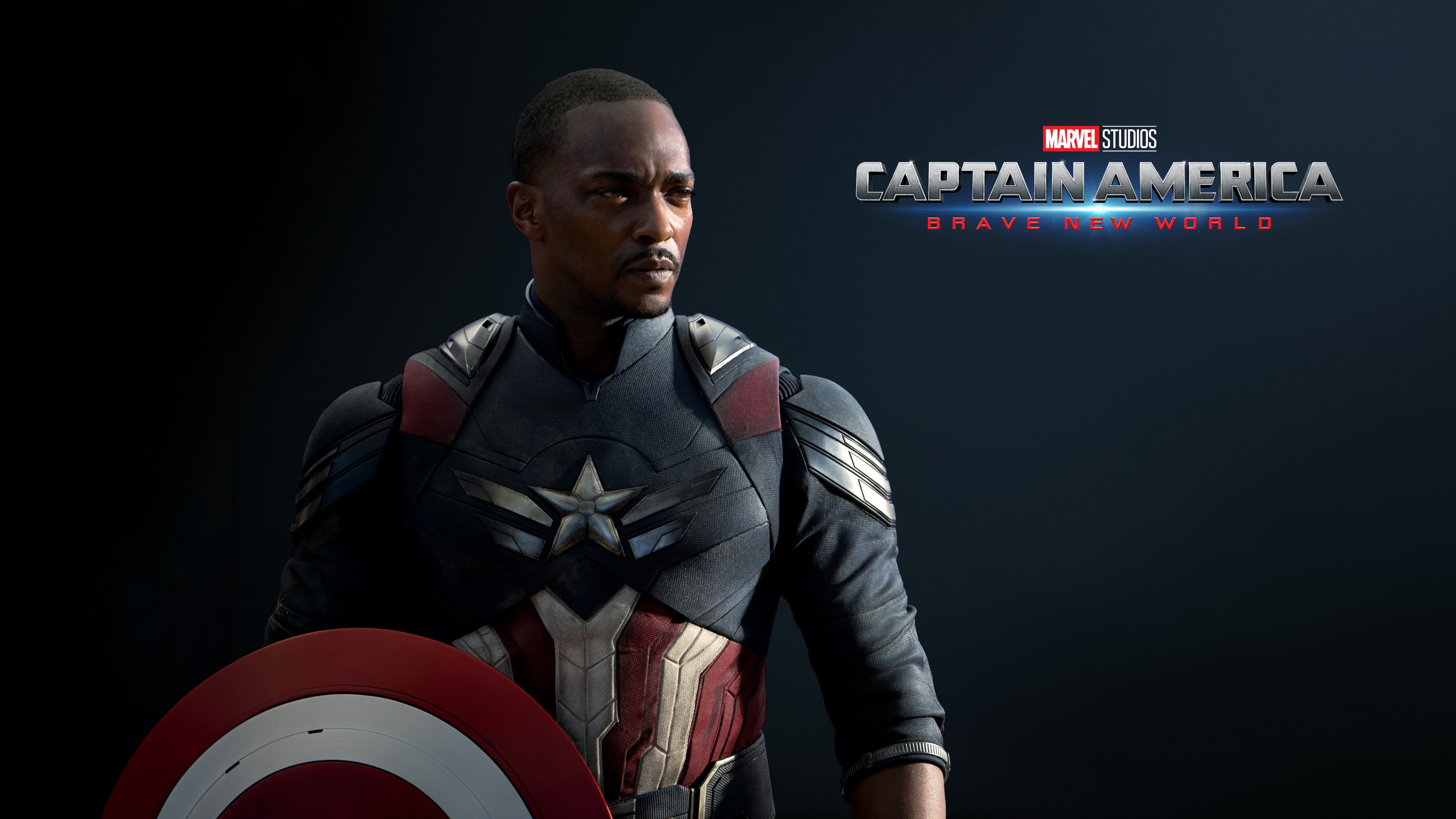 A cinematic portrait of Sam Wilson, also known as Captain America, from the movie Captain America: Brave New World.