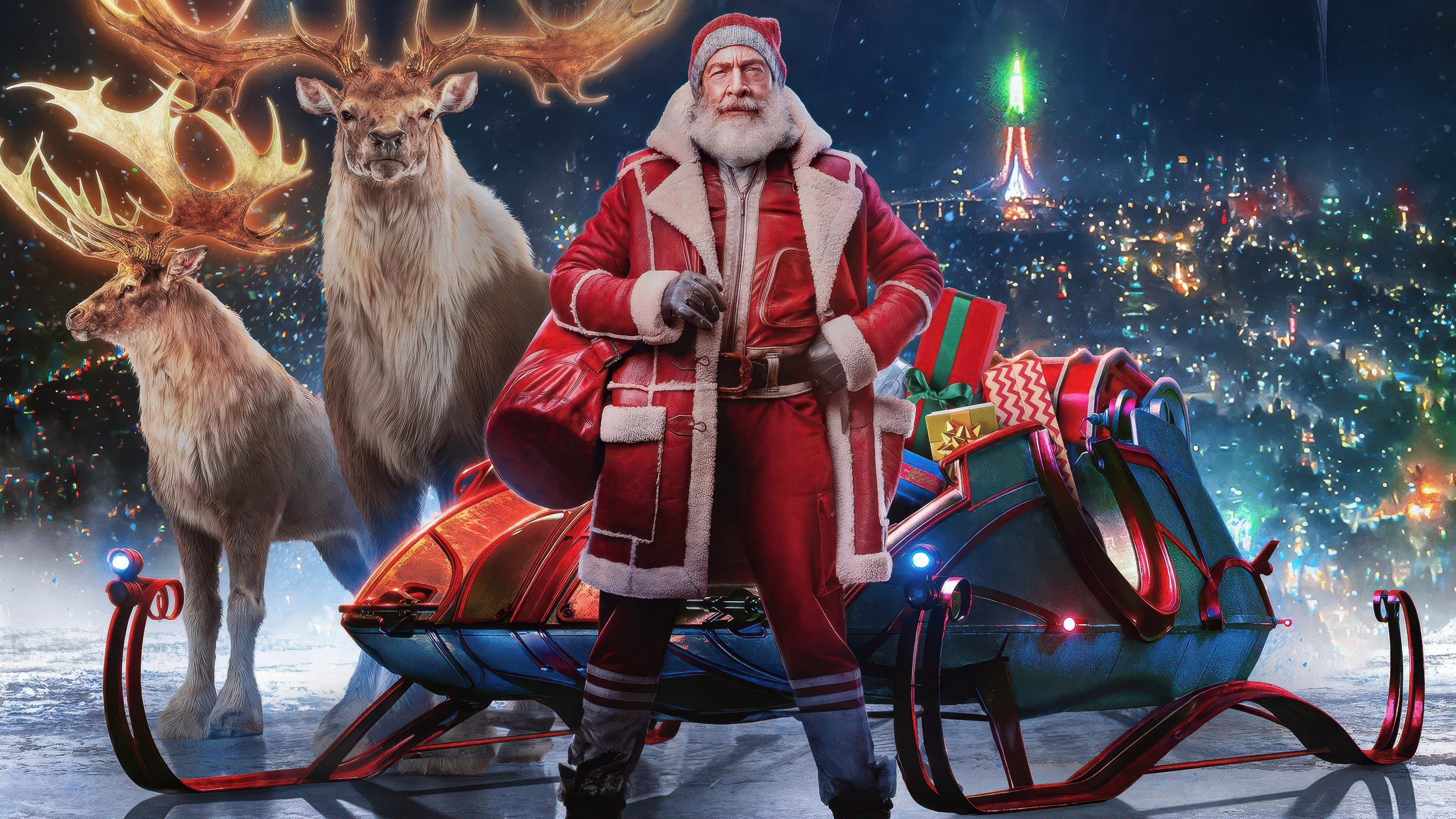 Santa Claus driving a majestic reindeer chariot inspired by the 2024 movie Red One.