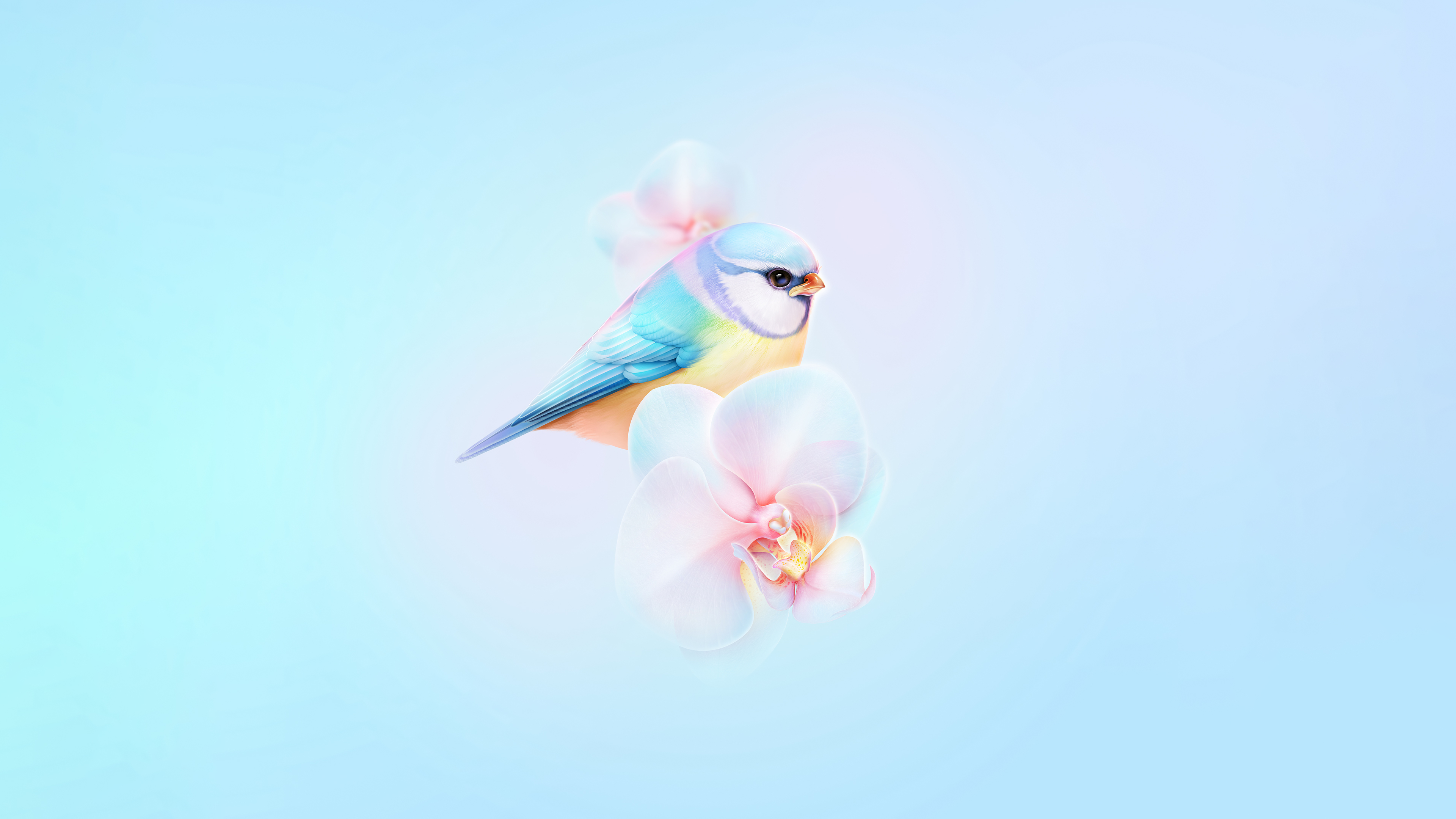 A cute small bird sitting near blooming orchid flowers in pastel blue and cyan tones.