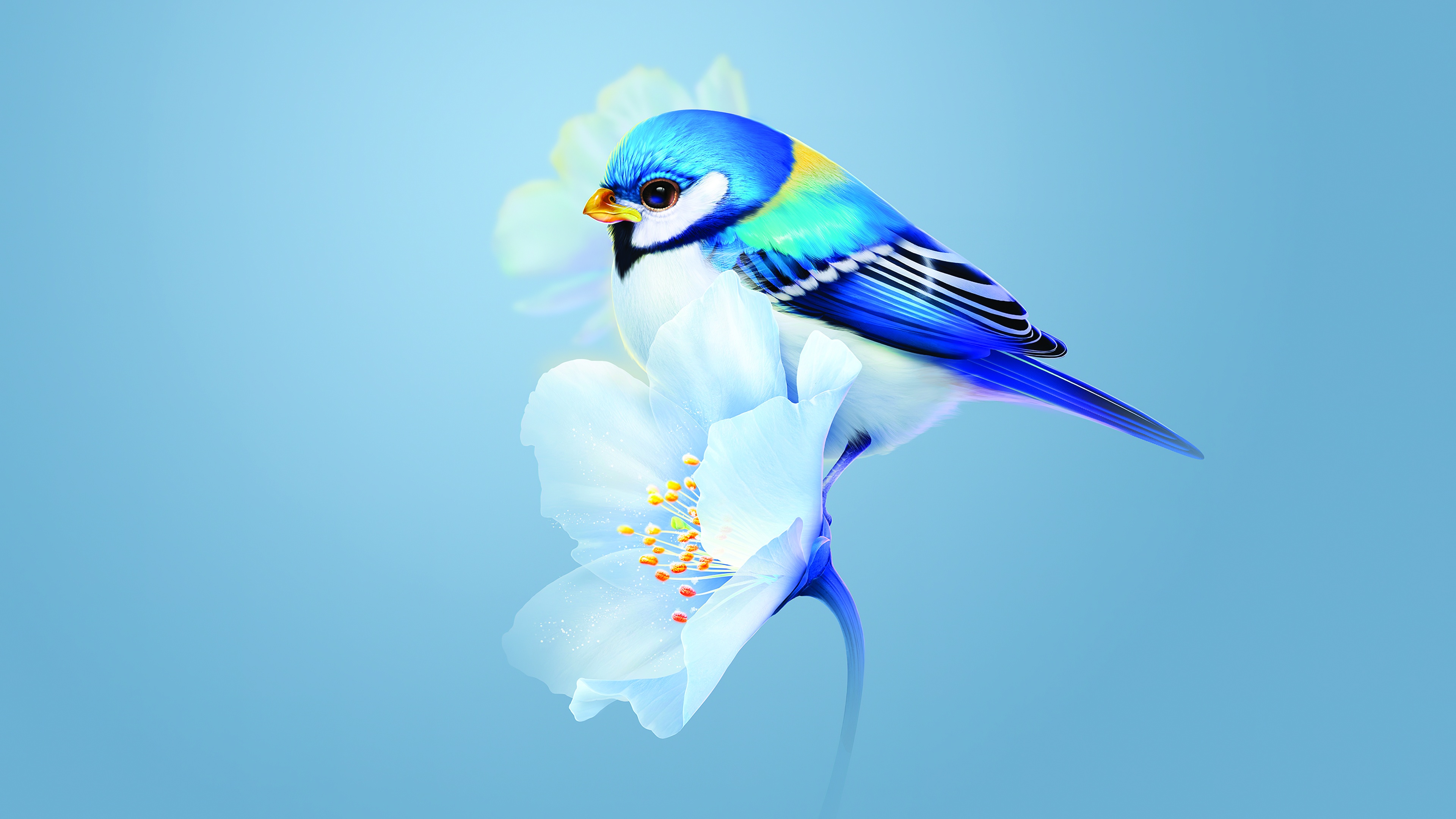 A cute small bird sitting beside a beautiful blue flower with a matching blue background.