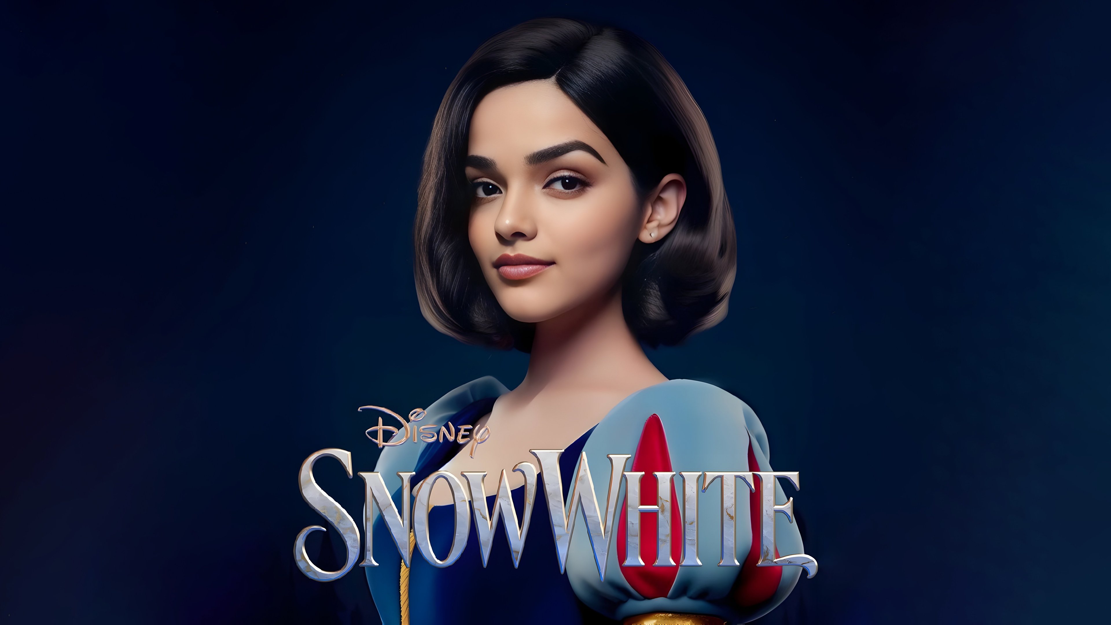 A cinematic portrait of Rachel Zegler as Snow White from Disney's 2025 movie, featuring a deep dark blue aesthetic.