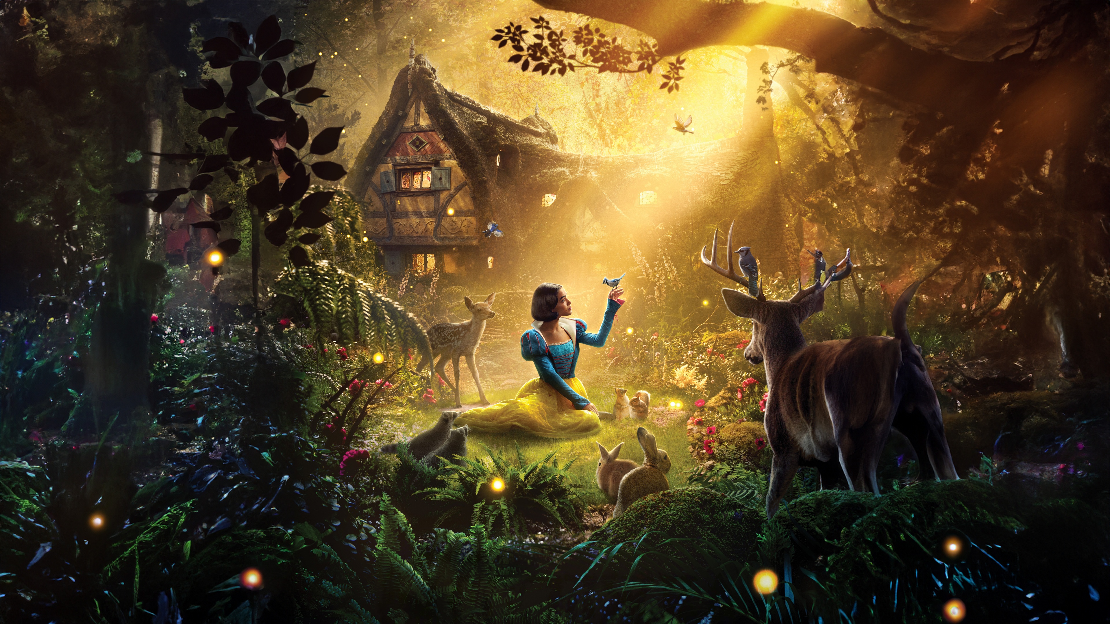 A cinematic, high-resolution portrait of Snow White, played by Rachel Zegler, from the Disney 2025 movie.