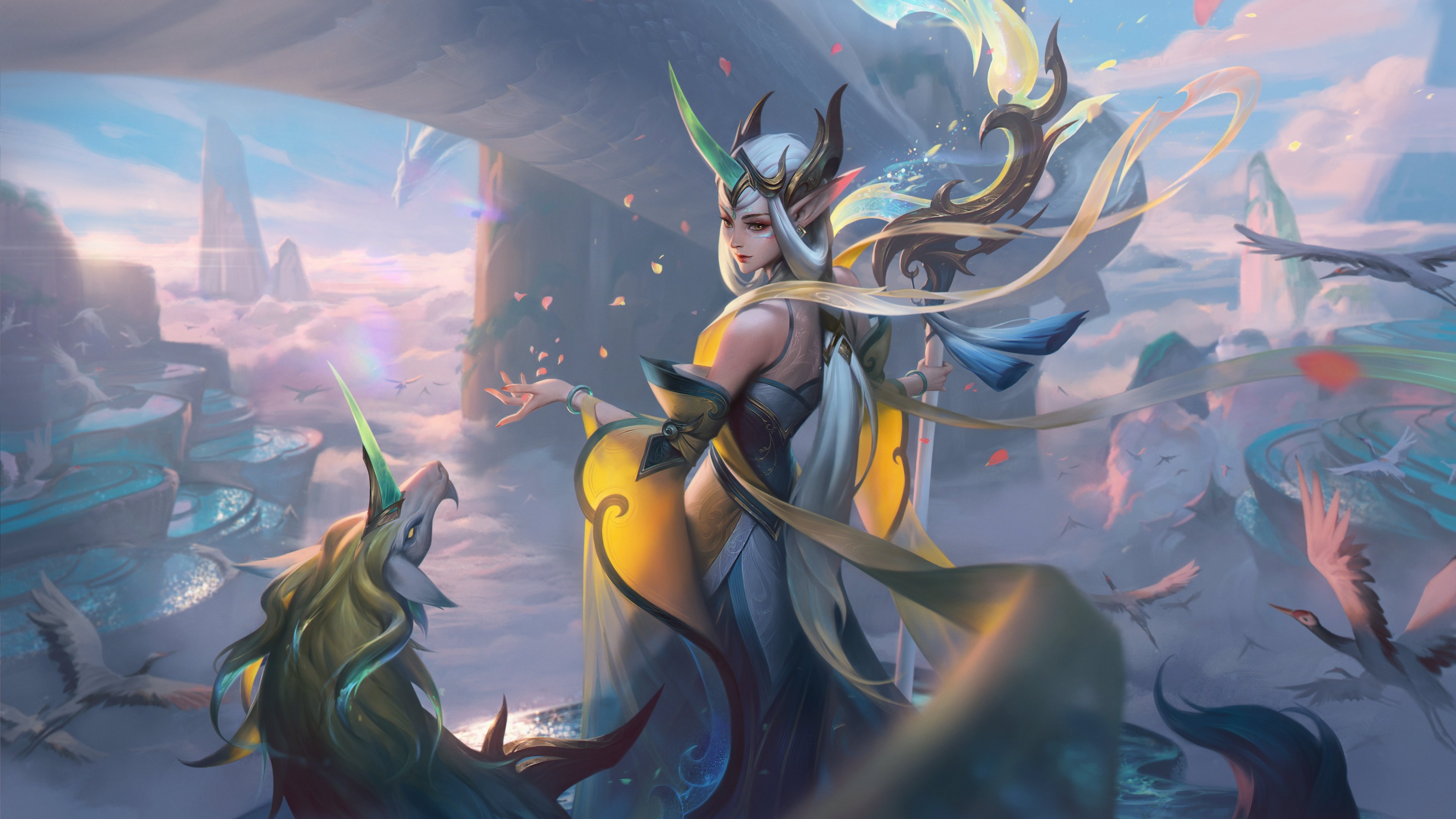 Soraka from League of Legends surrounded by cosmic starlight during her immortal journey.