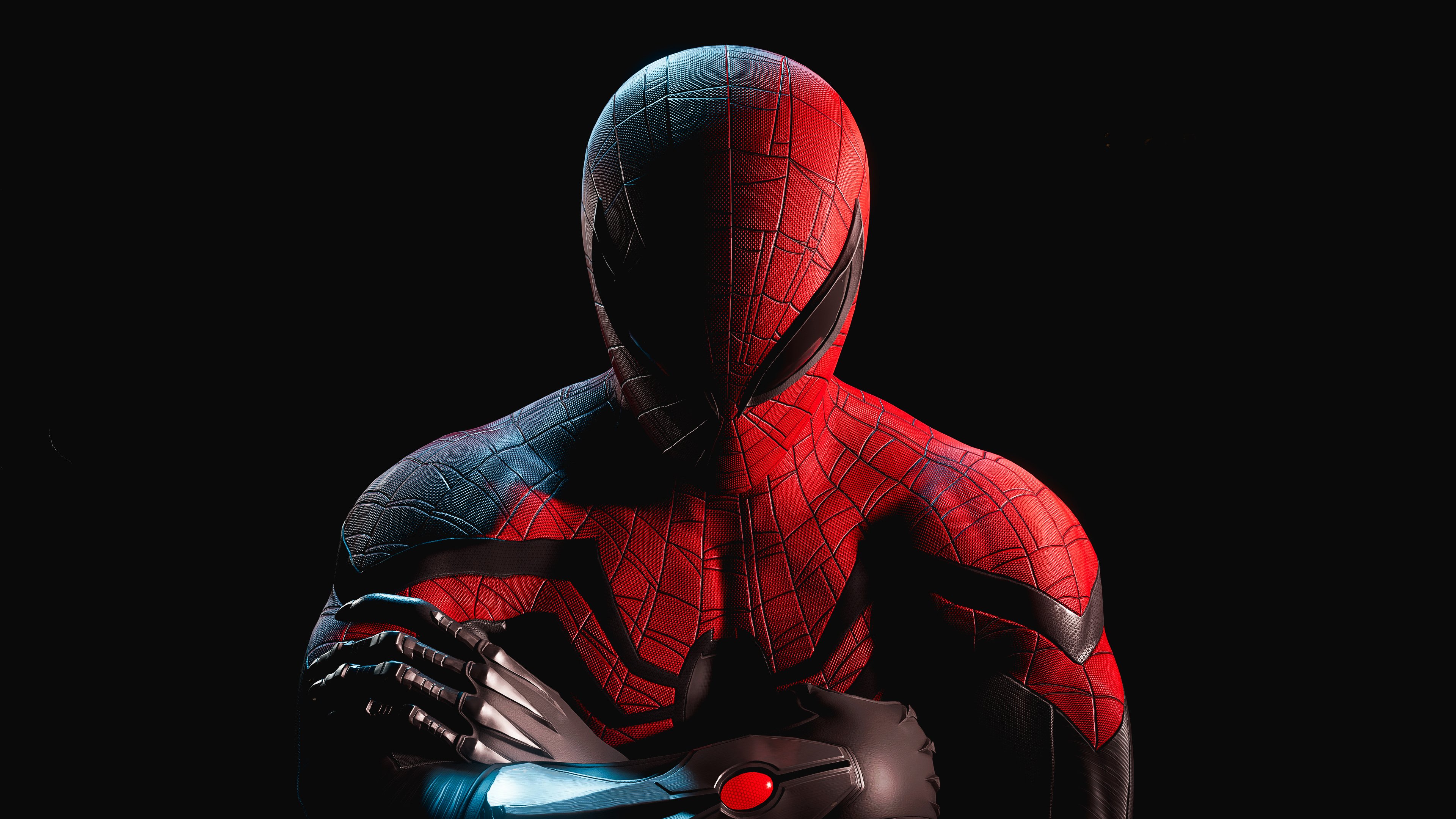 Spider-Man posing heroically against a solid black background, inspired by Marvel's Spider-Man 2.