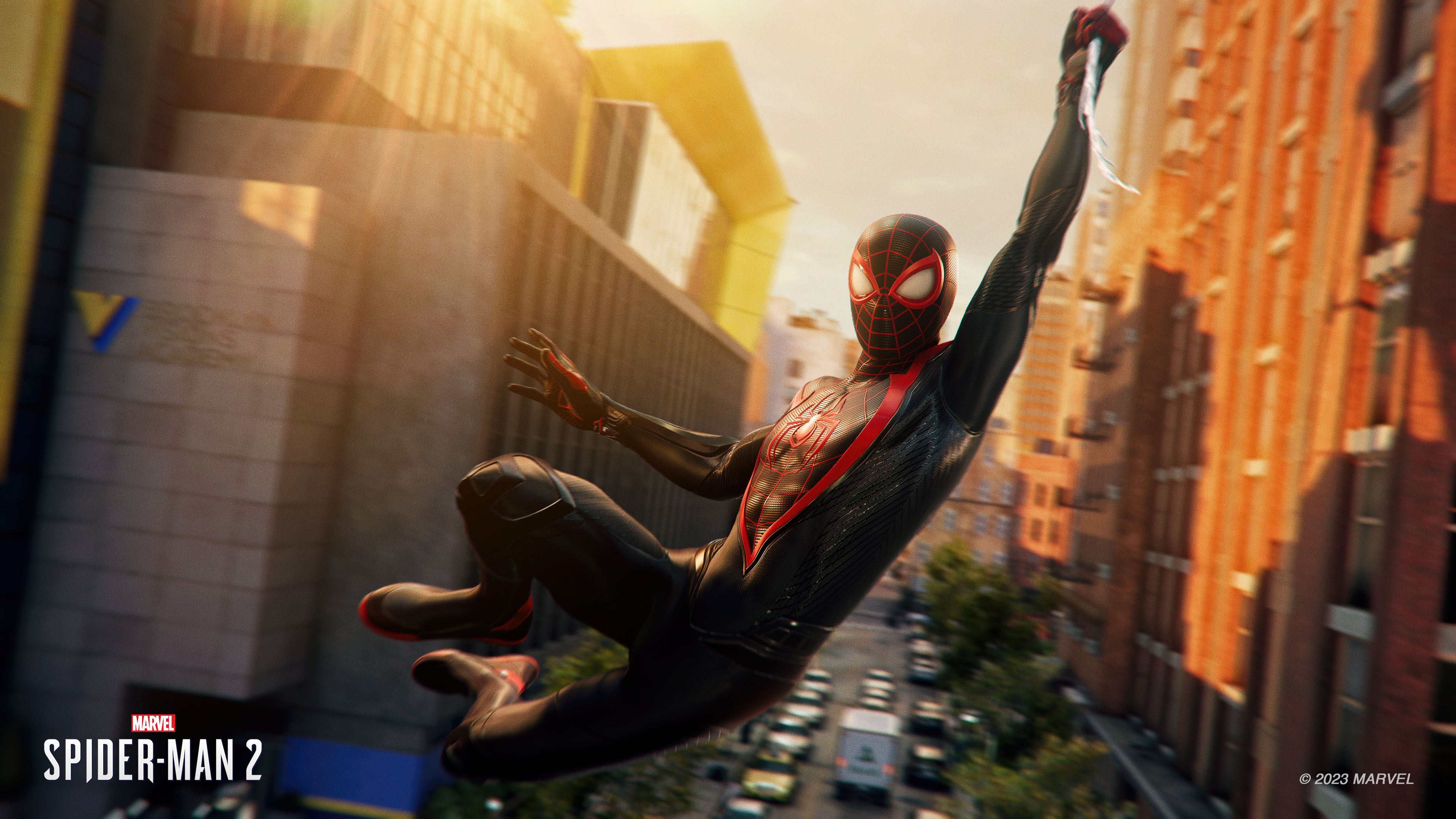 Spider-Man perched amidst the urban landscape of Brooklyn from the video game Marvel's Spider-Man 2.