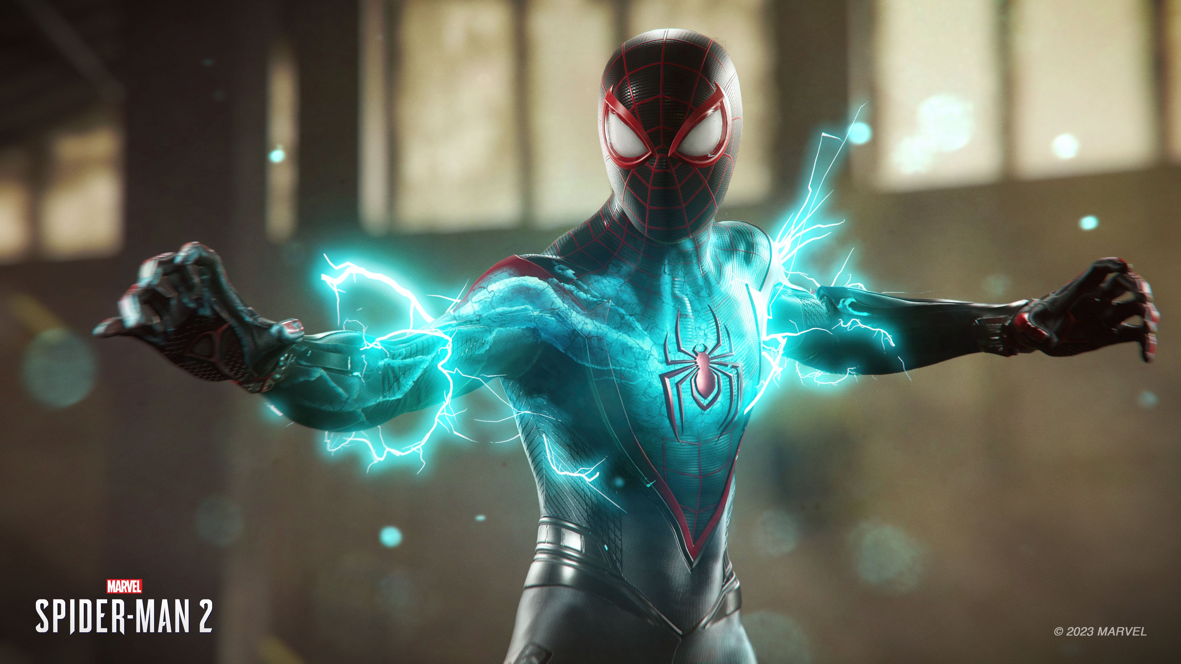Spider-Man from Marvel's Spider-Man 2 performing an action-packed web-swinging maneuver.