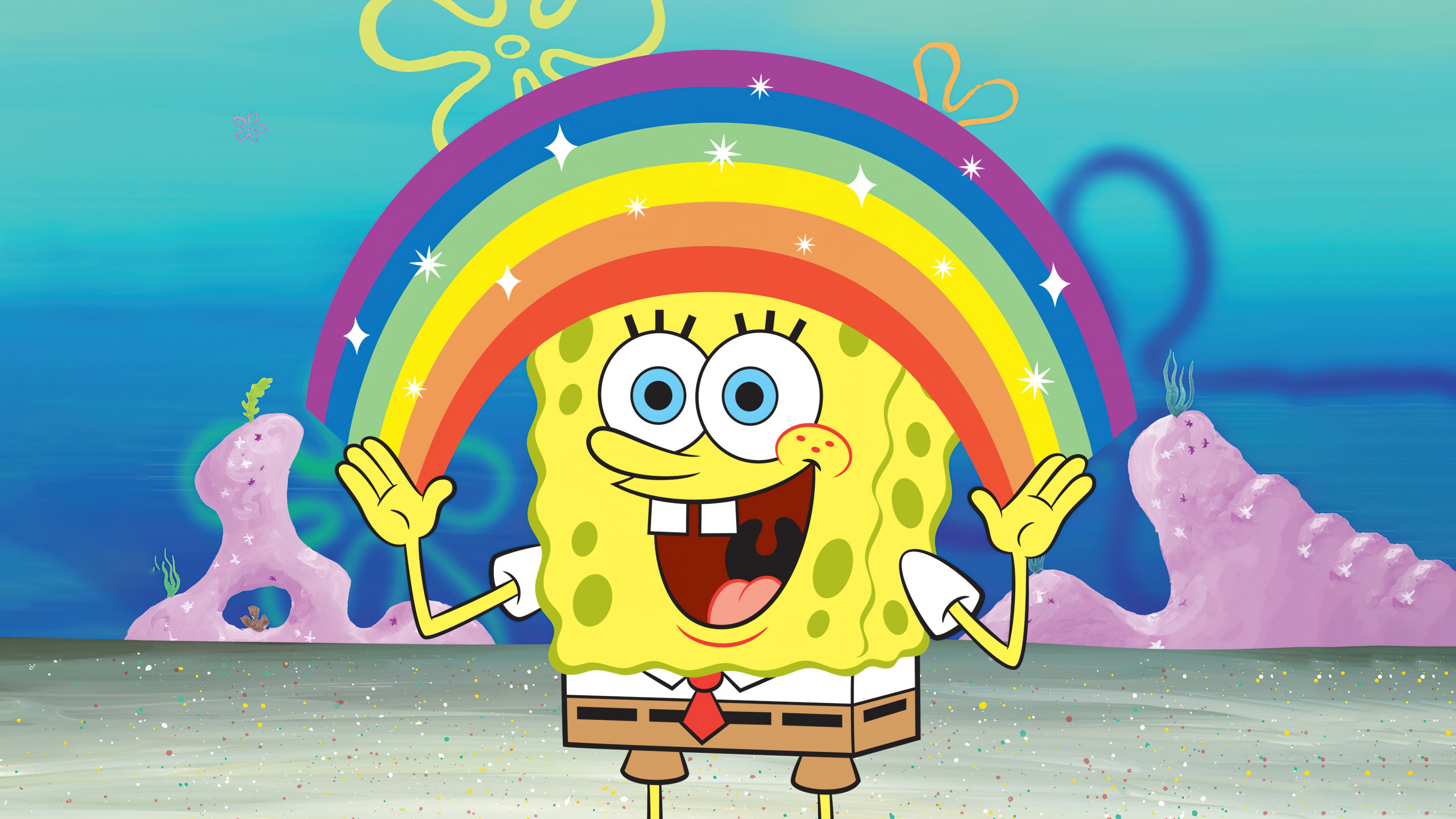 A vibrant rainbow background featuring the cheerful smiling face of SpongeBob SquarePants.