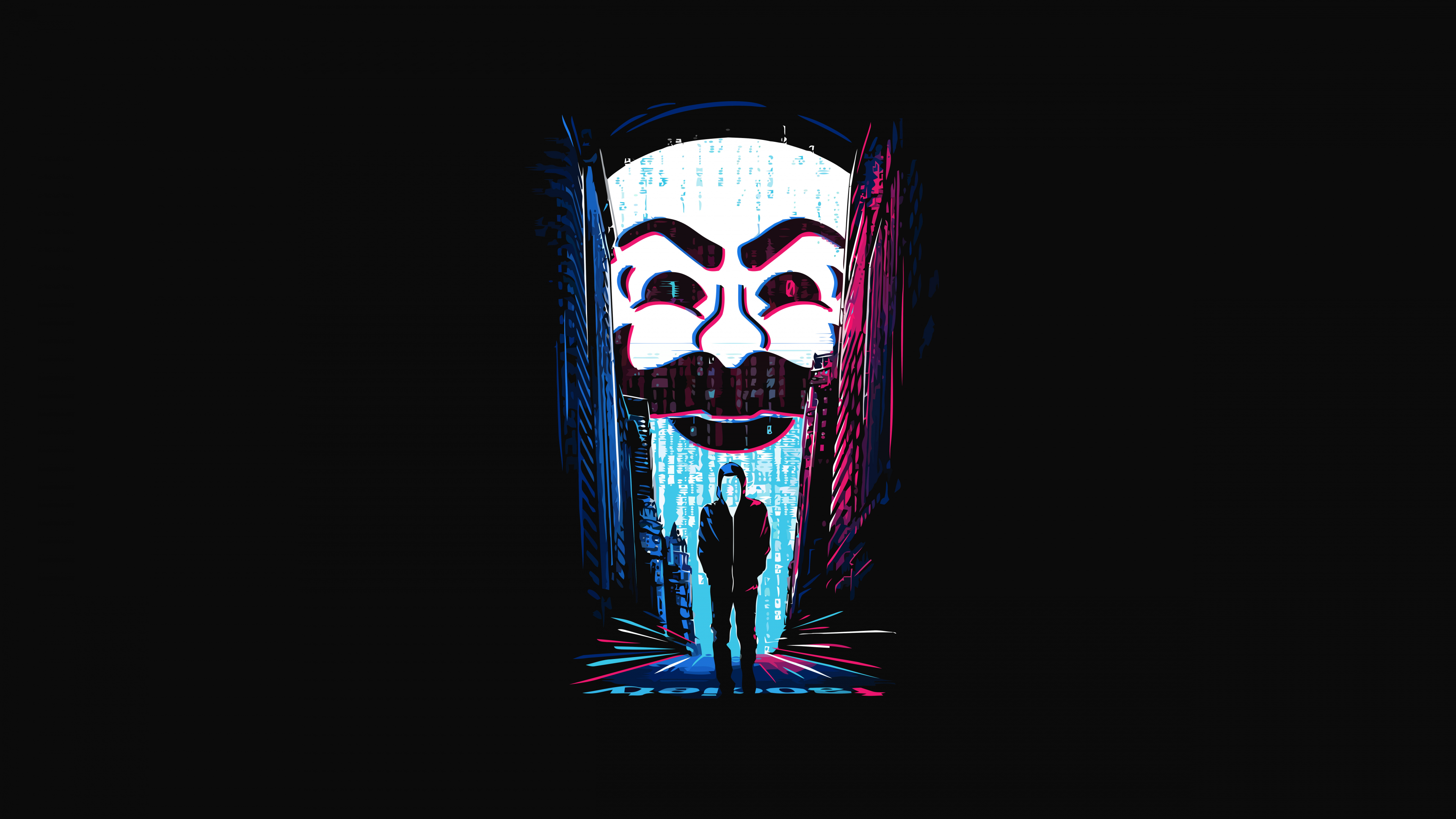 A high-resolution, black and white close-up of a figure wearing the Anonymous Guy Fawkes mask against a solid black background.