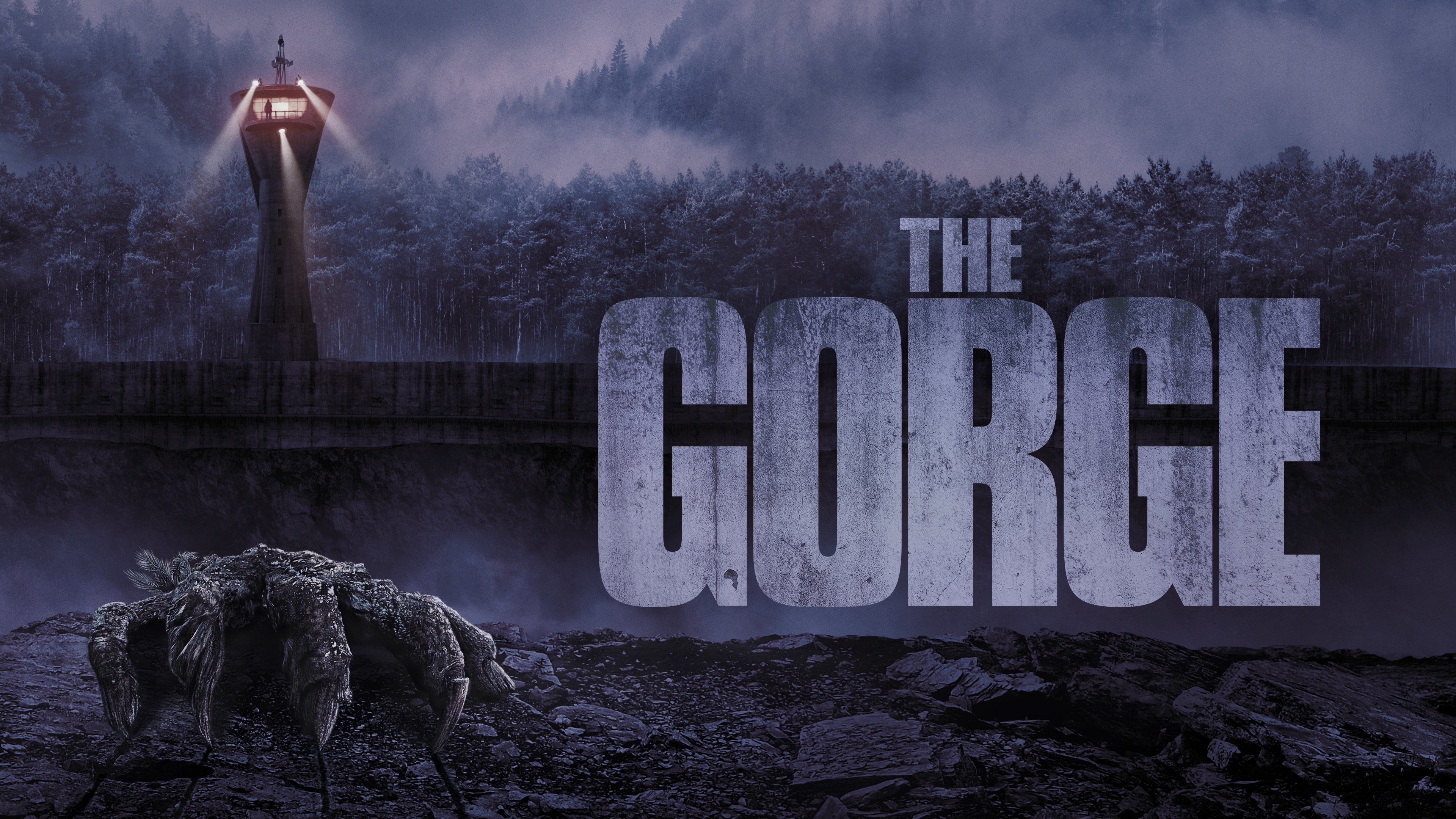 A cinematic shot of a character standing at the edge of a massive, foggy canyon from the movie The Gorge.