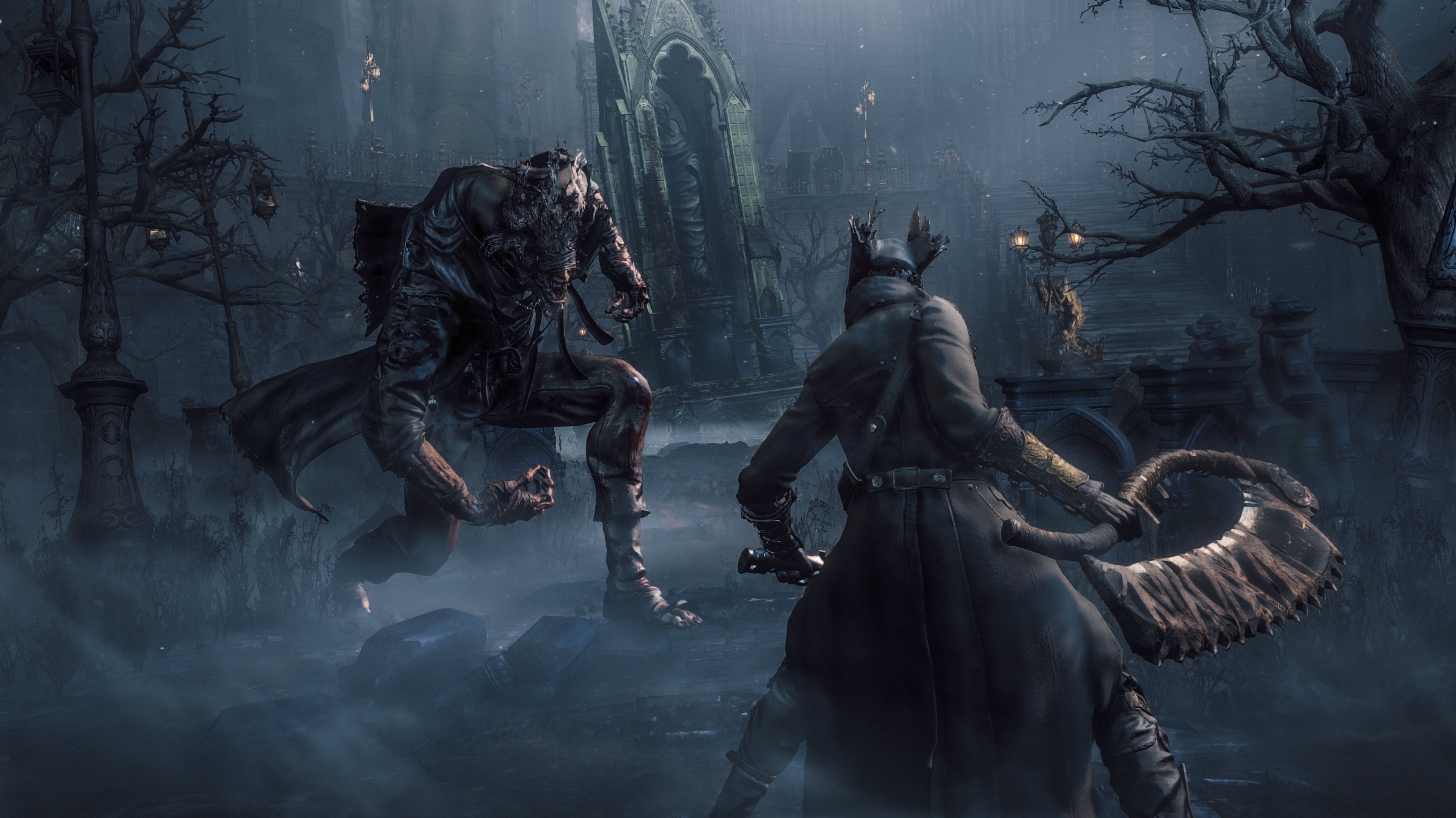 A Bloodborne Hunter in gothic attire wielding a trick weapon in a dark, Victorian-style street.