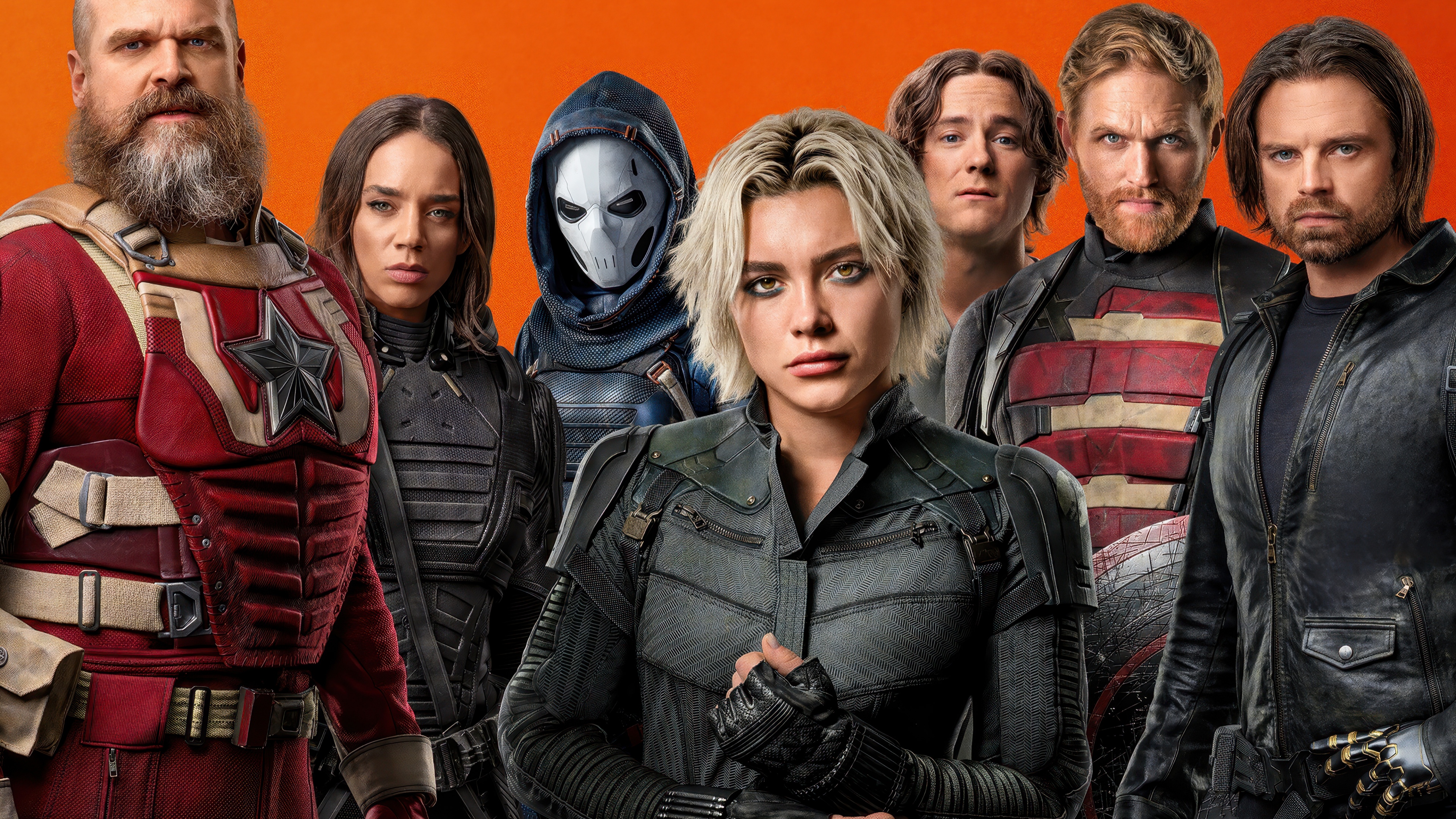 A group portrait of the Thunderbolts superhero team from the Marvel Cinematic Universe, featuring Bucky Barnes, Yelena Belova, and Red Guardian.