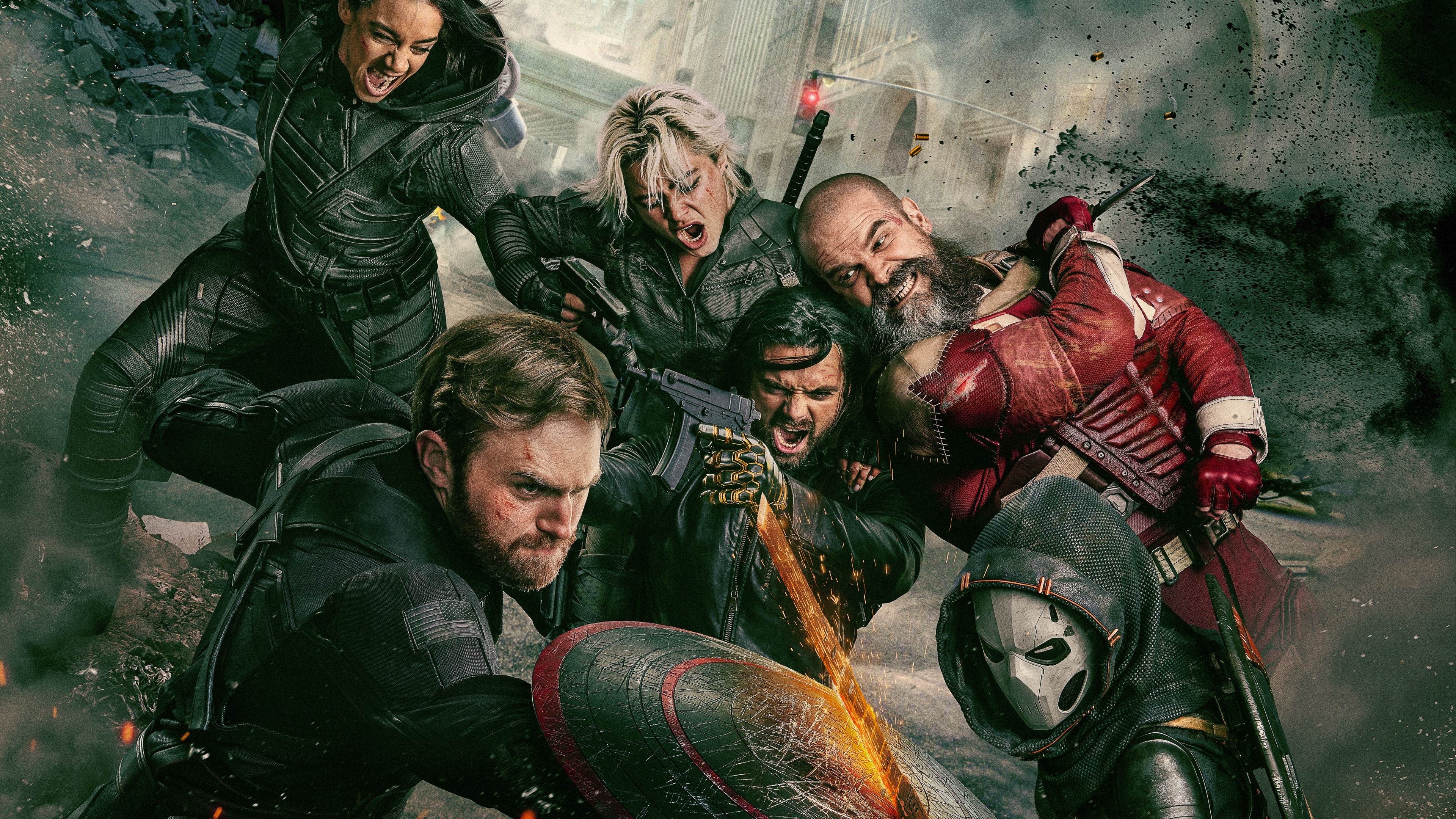 Cinematic movie poster for Marvel's Thunderbolts featuring Bucky Barnes, Yelena Belova, Red Guardian, and the ensemble cast.